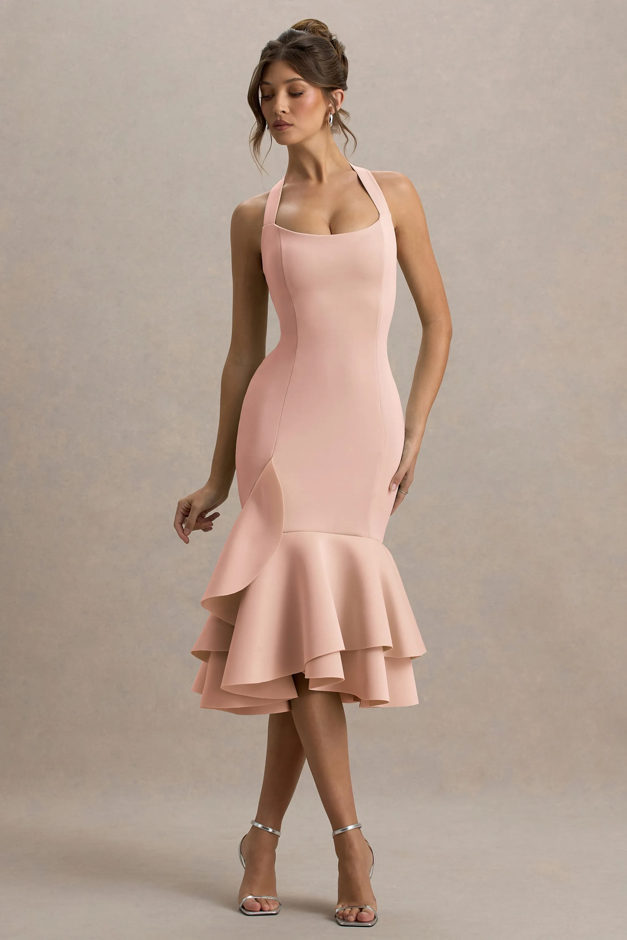 Arla | Pink Halter Neck Ruffle Trim Midi Dress sold by Club L London product image thumbnail 4