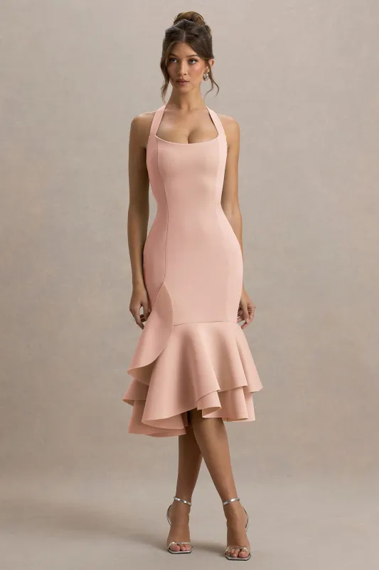 Arla | Pink Halter Neck Ruffle Trim Midi Dress sold by Club L London