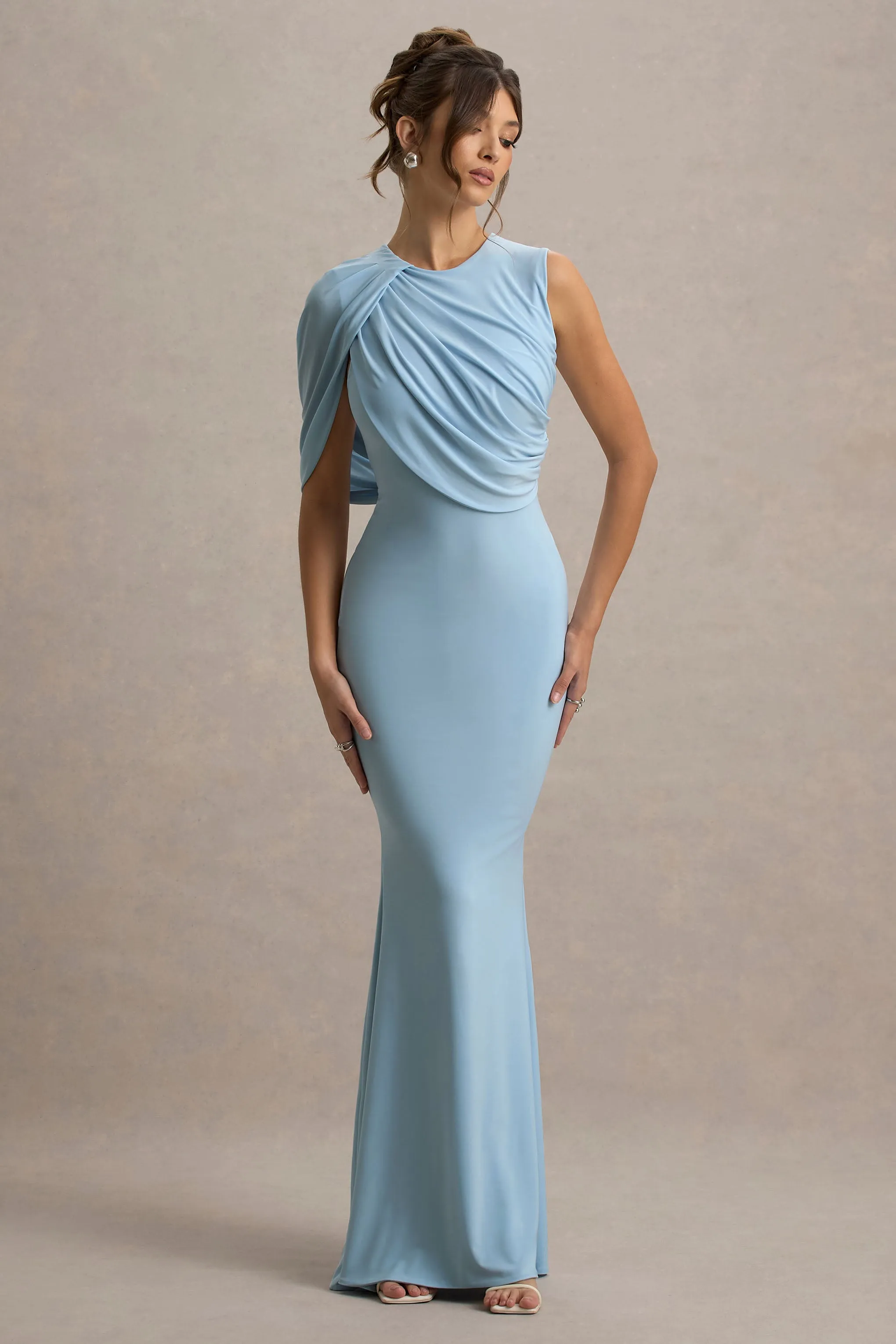 Rae | Powder Blue Maxi Dress With One-Sleeve Cape sold by Club L London