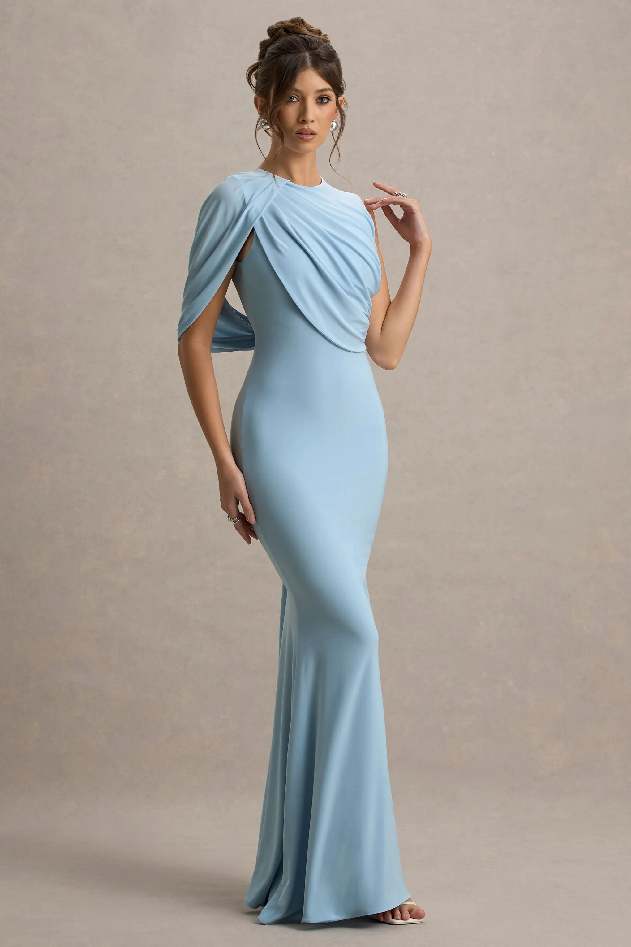 Rae | Powder Blue Maxi Dress With One-Sleeve Cape sold by Club L London product image thumbnail 5