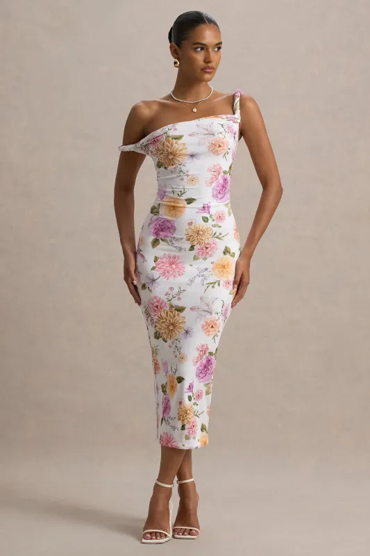 Nora | White Floral Twisted Asymmetric Midi Dress sold by Club L London