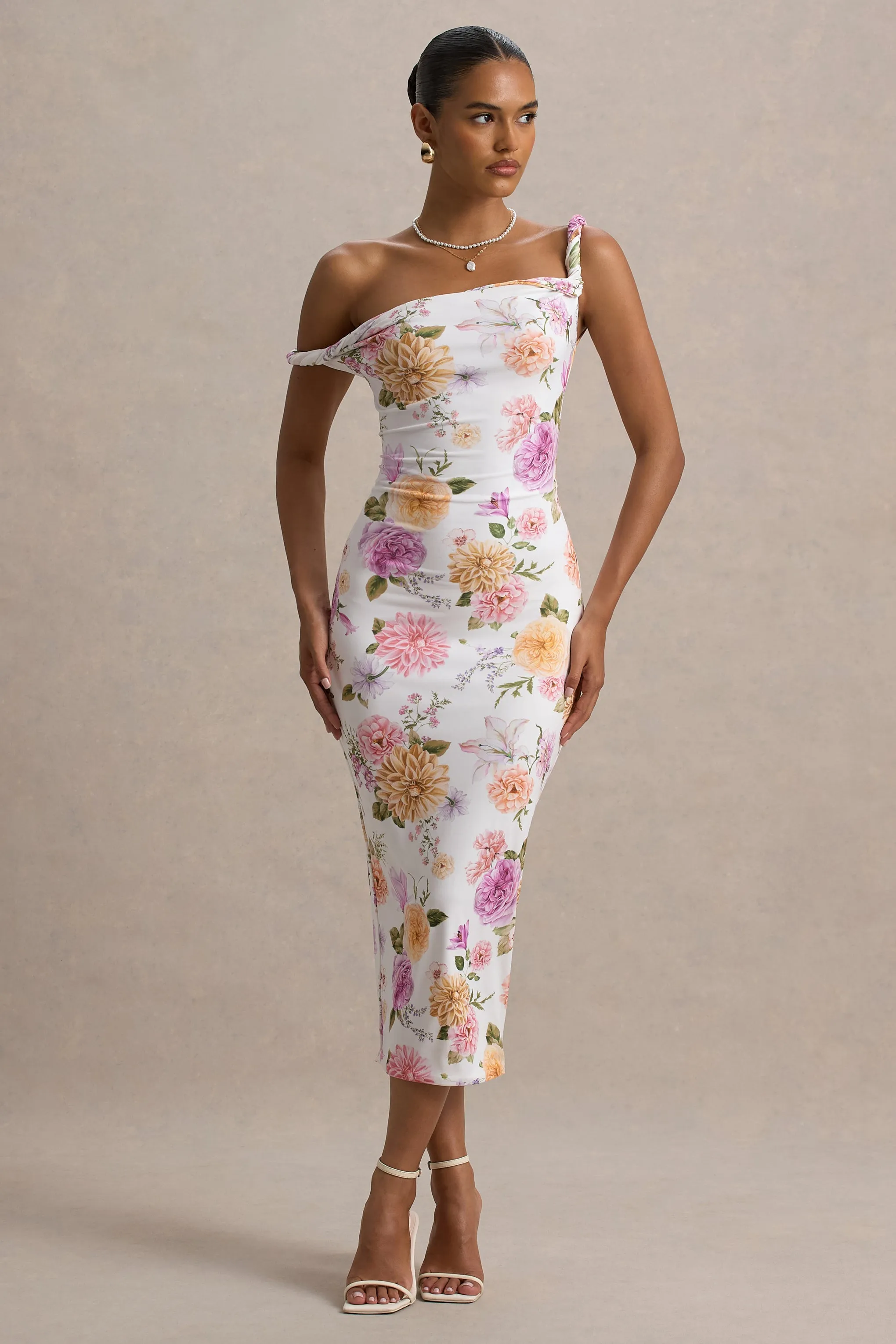 Nora | White Floral Twisted Asymmetric Midi Dress sold by Club L London
