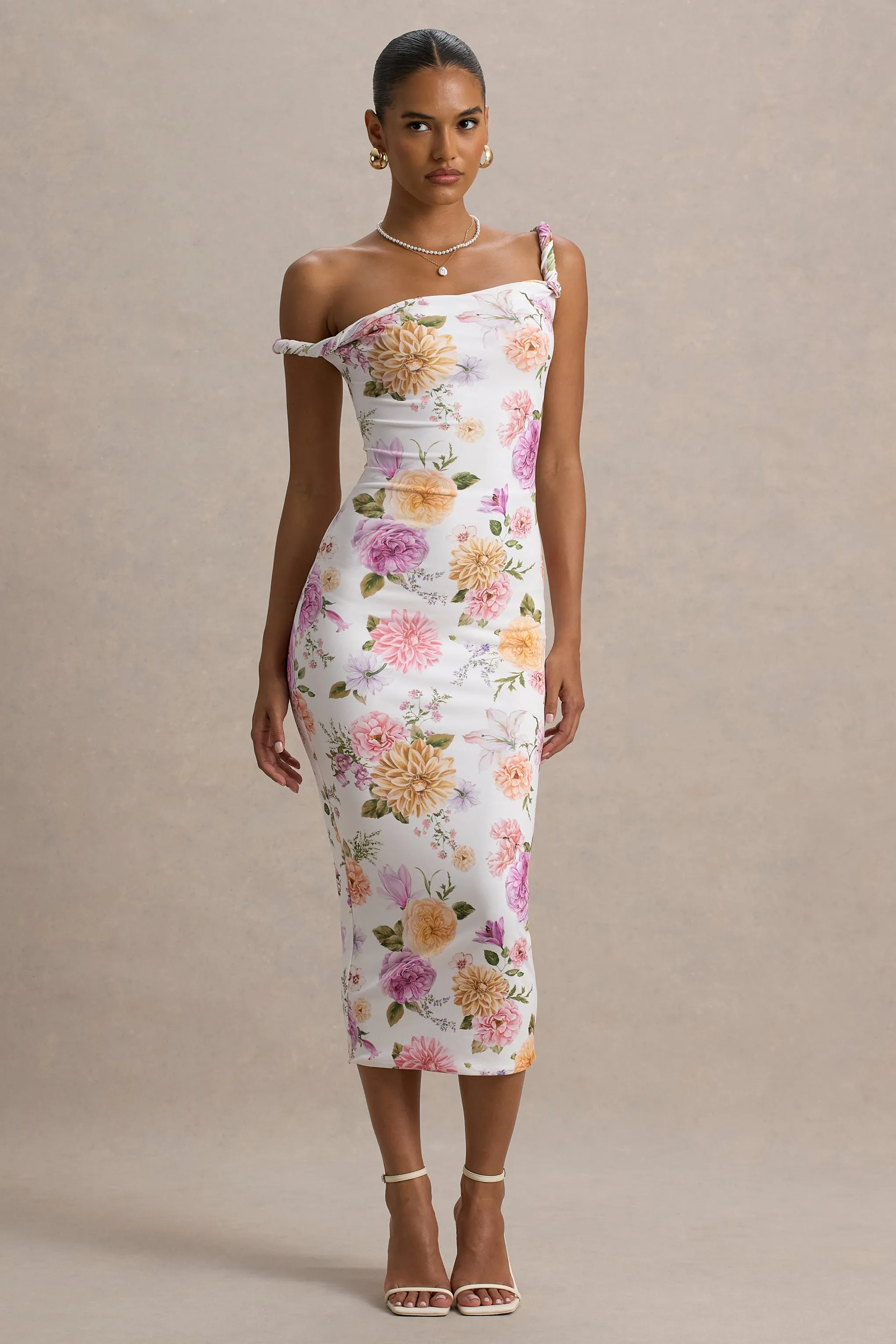 Nora | White Floral Twisted Asymmetric Midi Dress sold by Club L London product image thumbnail 4