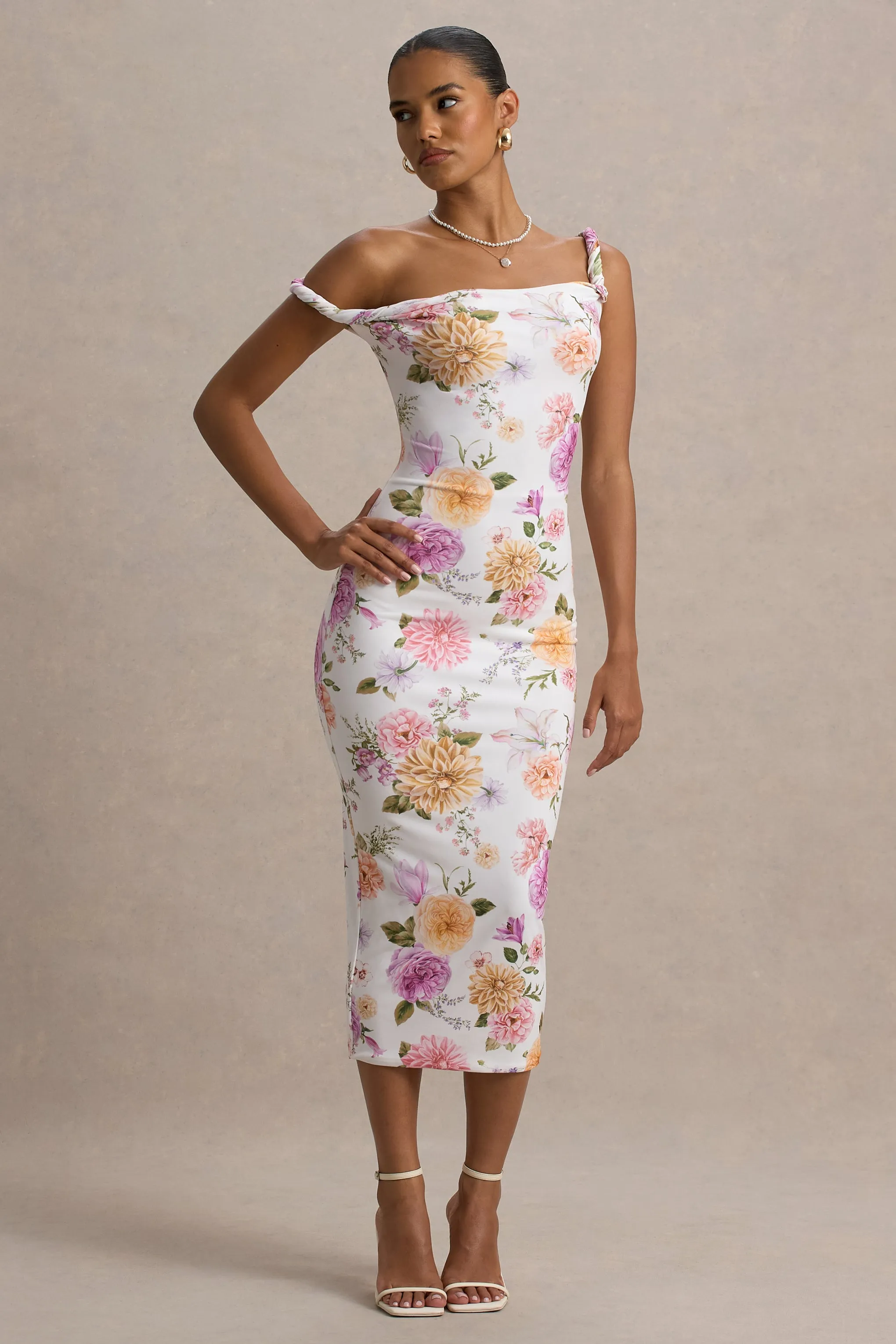Nora | White Floral Twisted Asymmetric Midi Dress sold by Club L London product image thumbnail 5