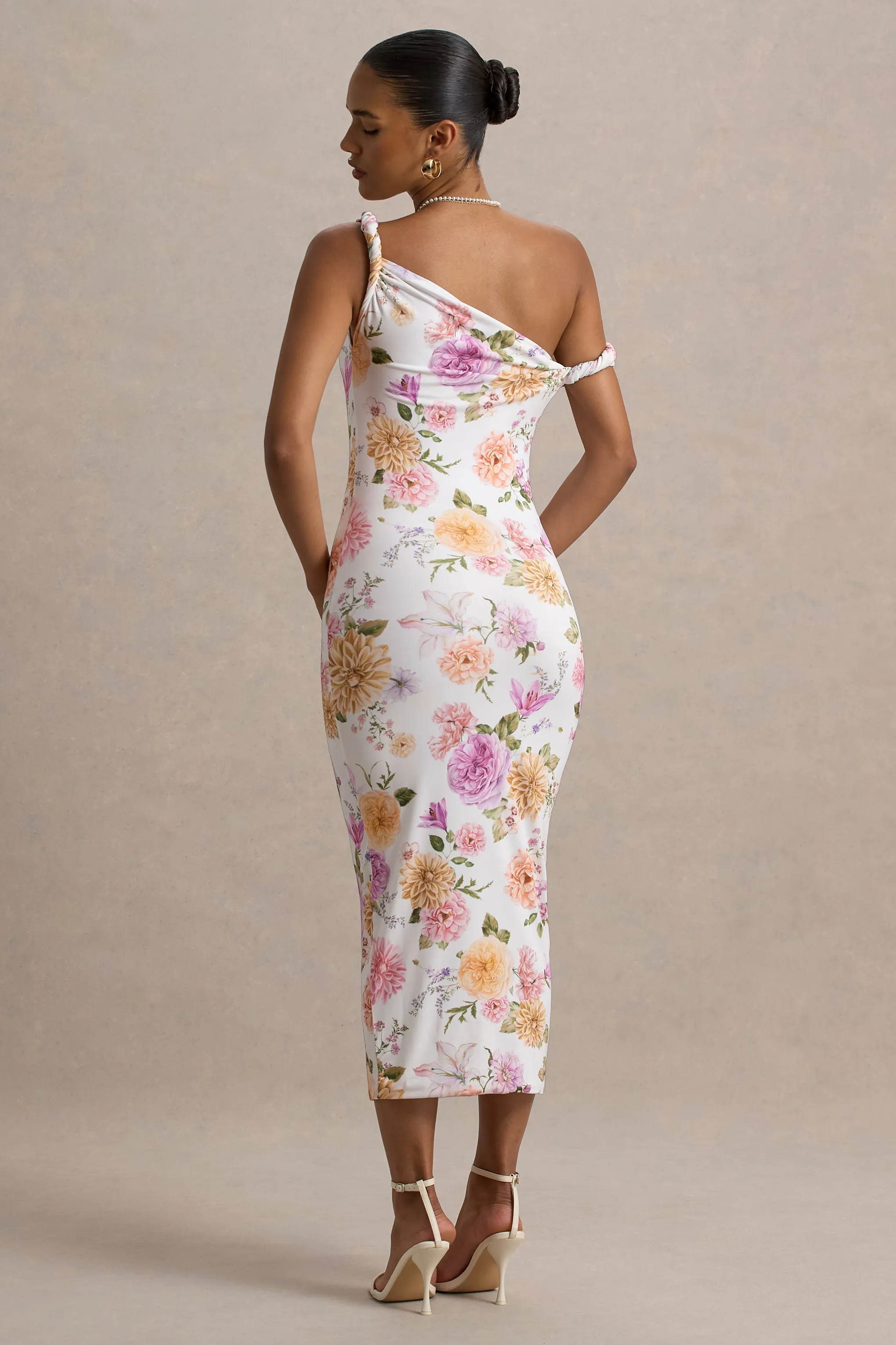 Nora | White Floral Twisted Asymmetric Midi Dress sold by Club L London product image thumbnail 2