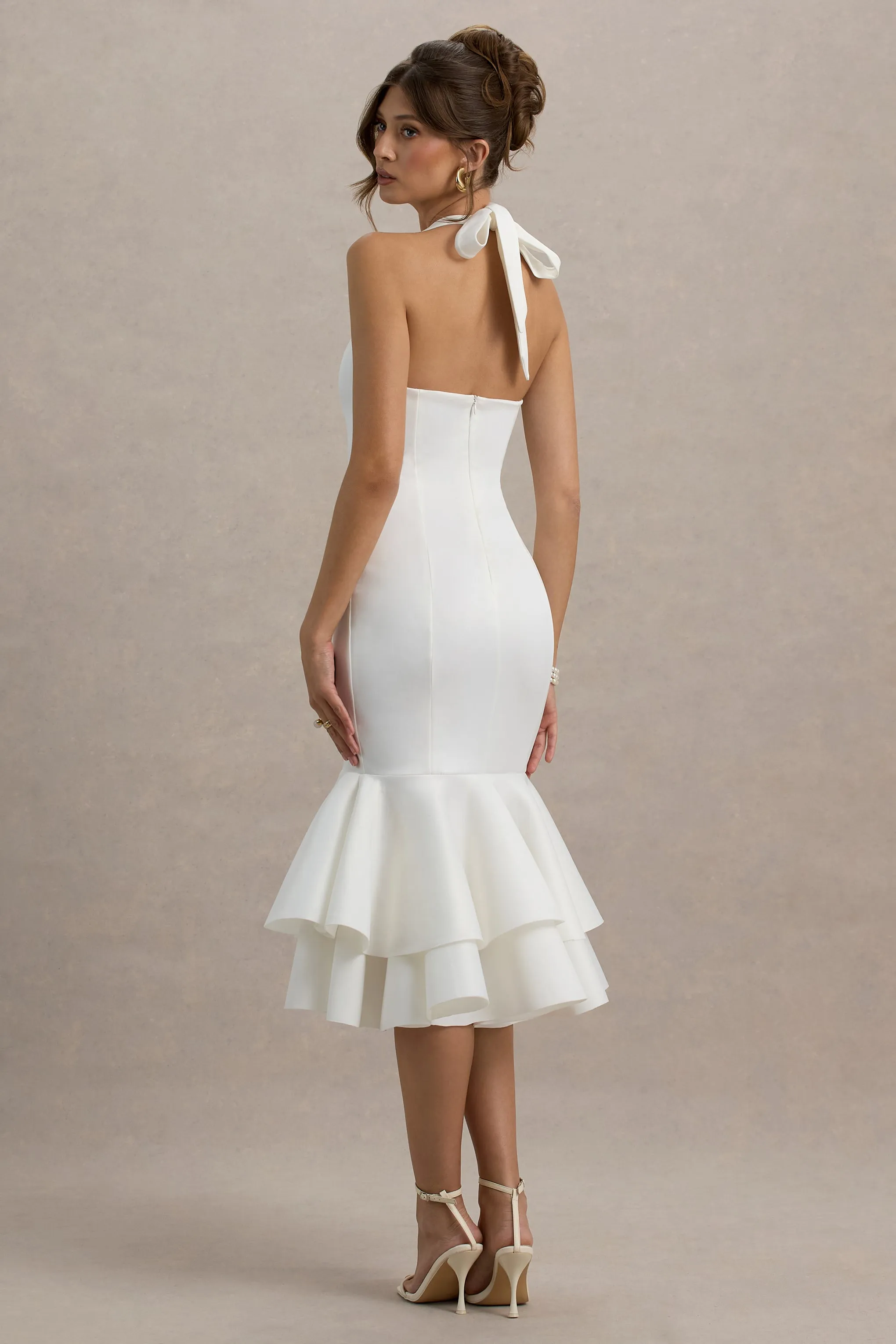 Arla | White Halter Neck Ruffle Trim Midi Dress sold by Club L London product image thumbnail 2