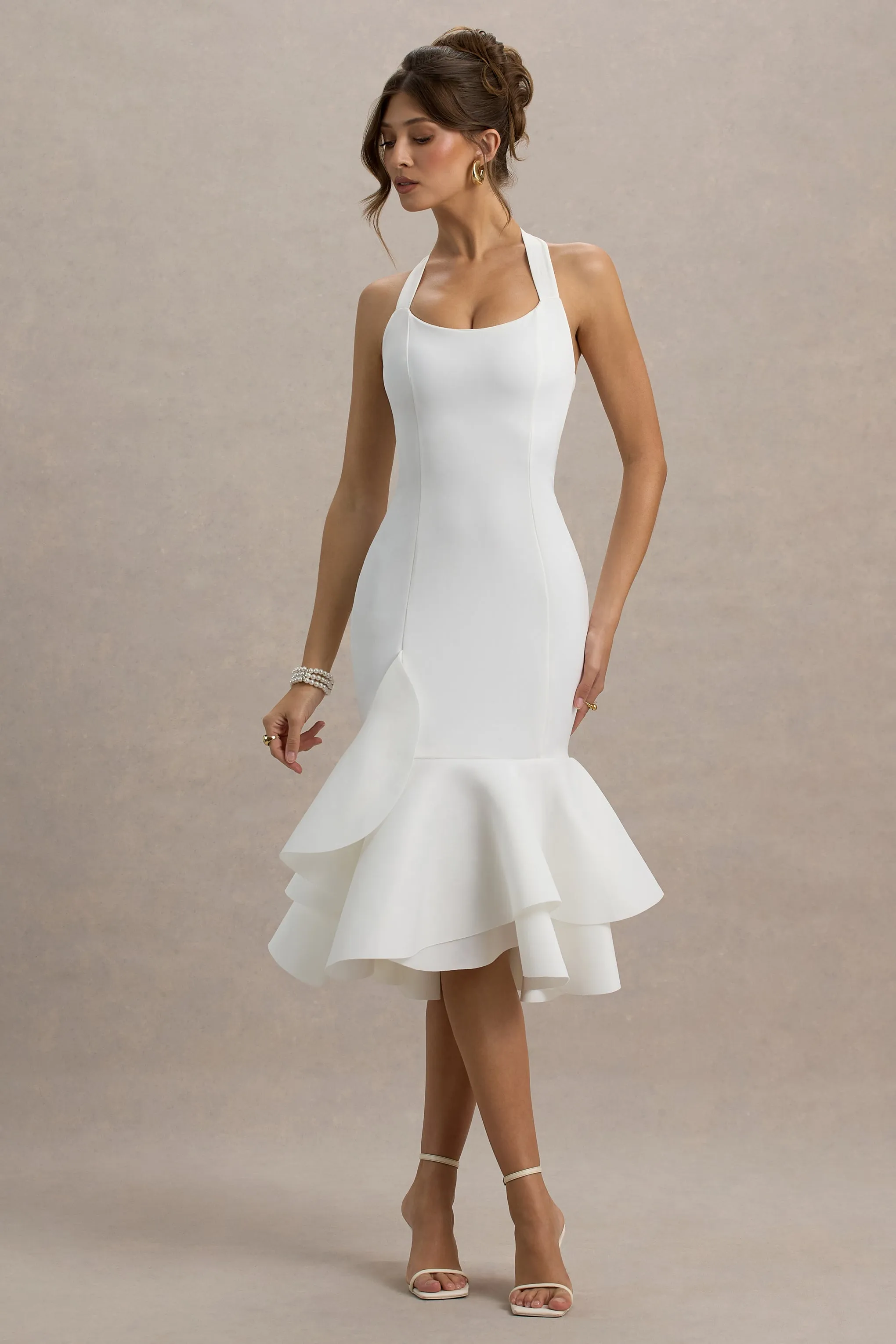 Arla | White Halter Neck Ruffle Trim Midi Dress sold by Club L London product image thumbnail 5