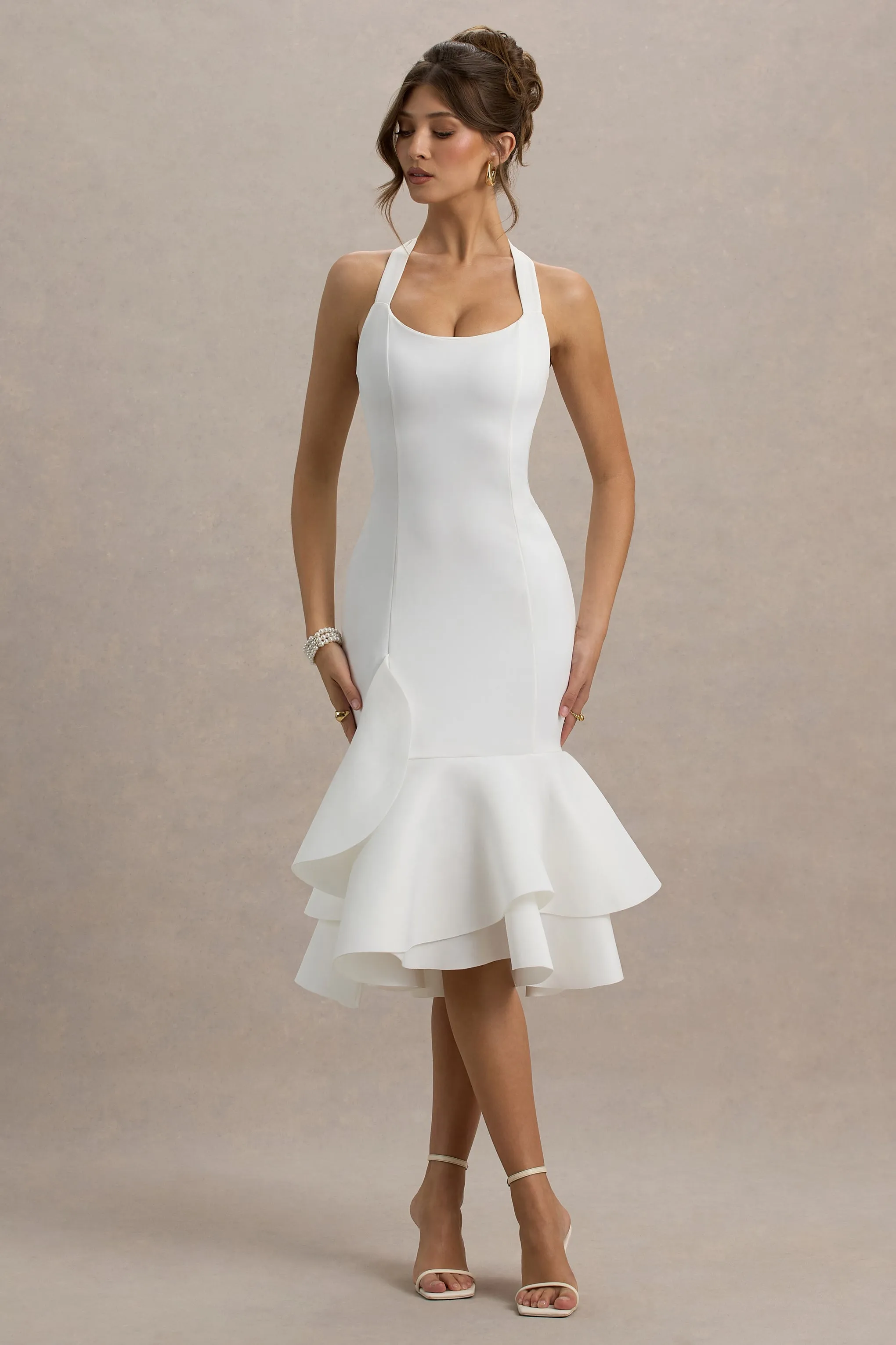 Arla | White Halter Neck Ruffle Trim Midi Dress sold by Club L London product image thumbnail 4