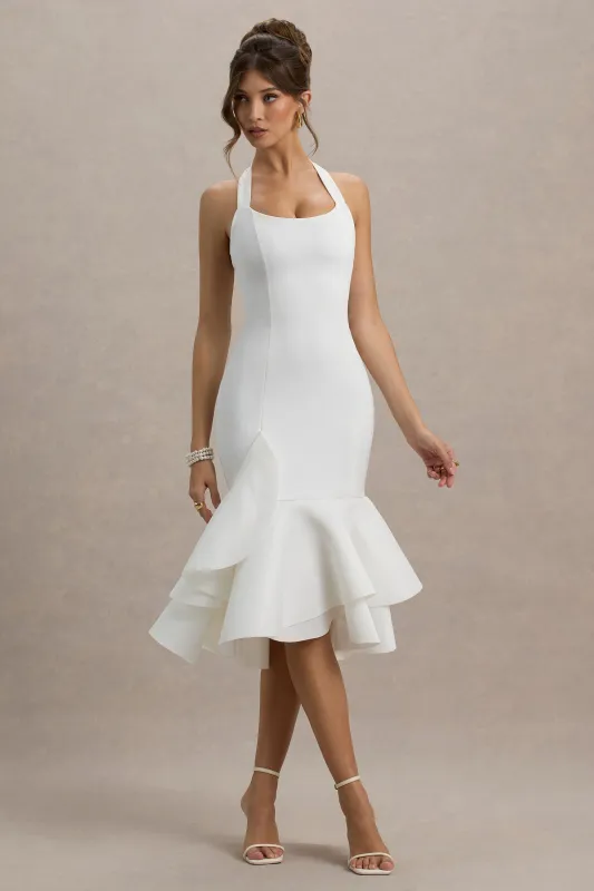 Arla | White Halter Neck Ruffle Trim Midi Dress sold by Club L London