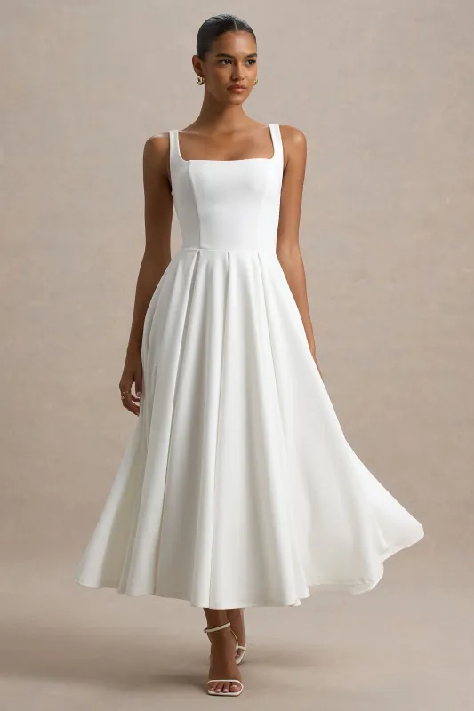 Parina | White Strappy Volume-Hem Midi Dress sold by Club L London