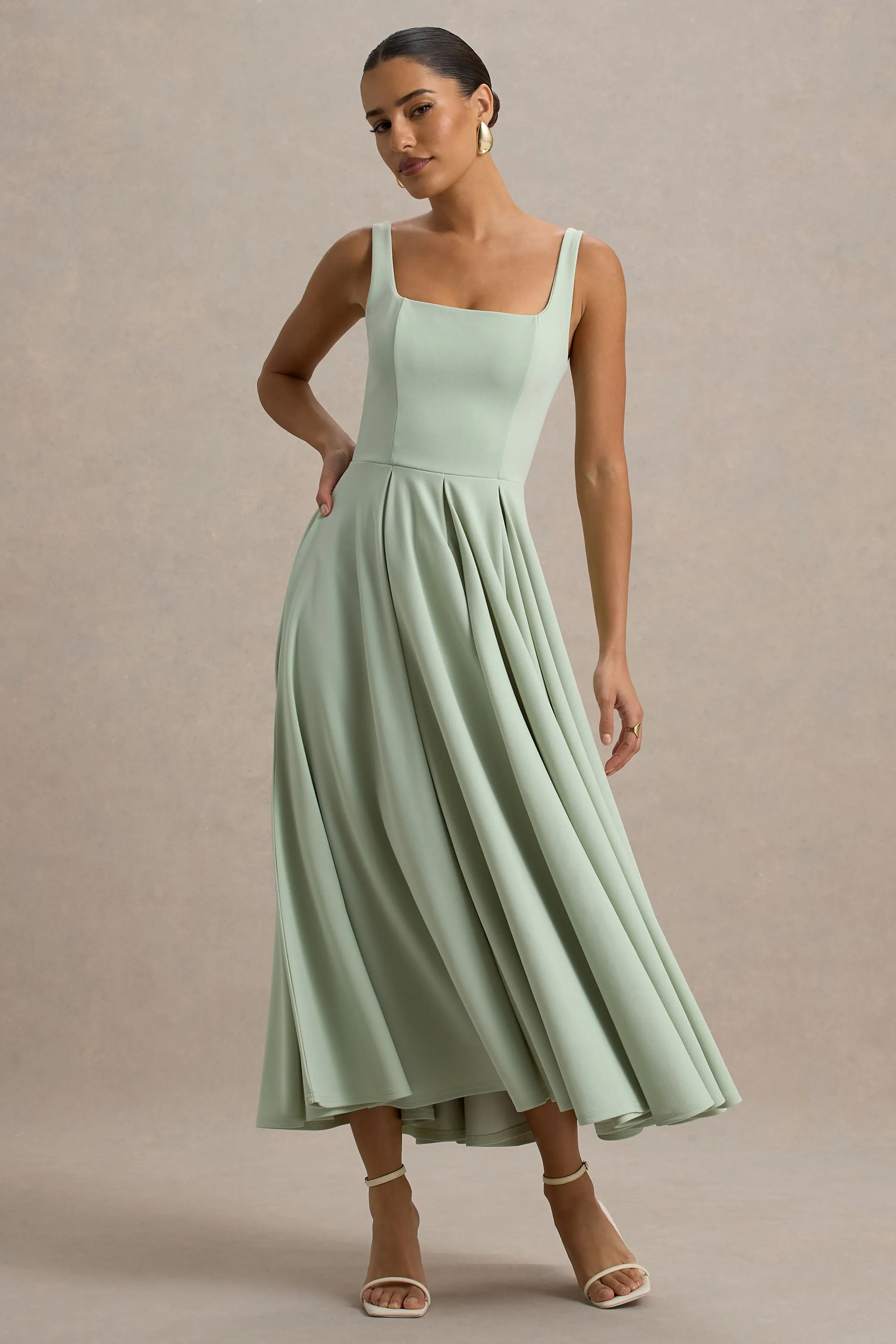 Parina | Light Green Strappy Volume-Hem Midi Dress sold by Club L London product image thumbnail 4