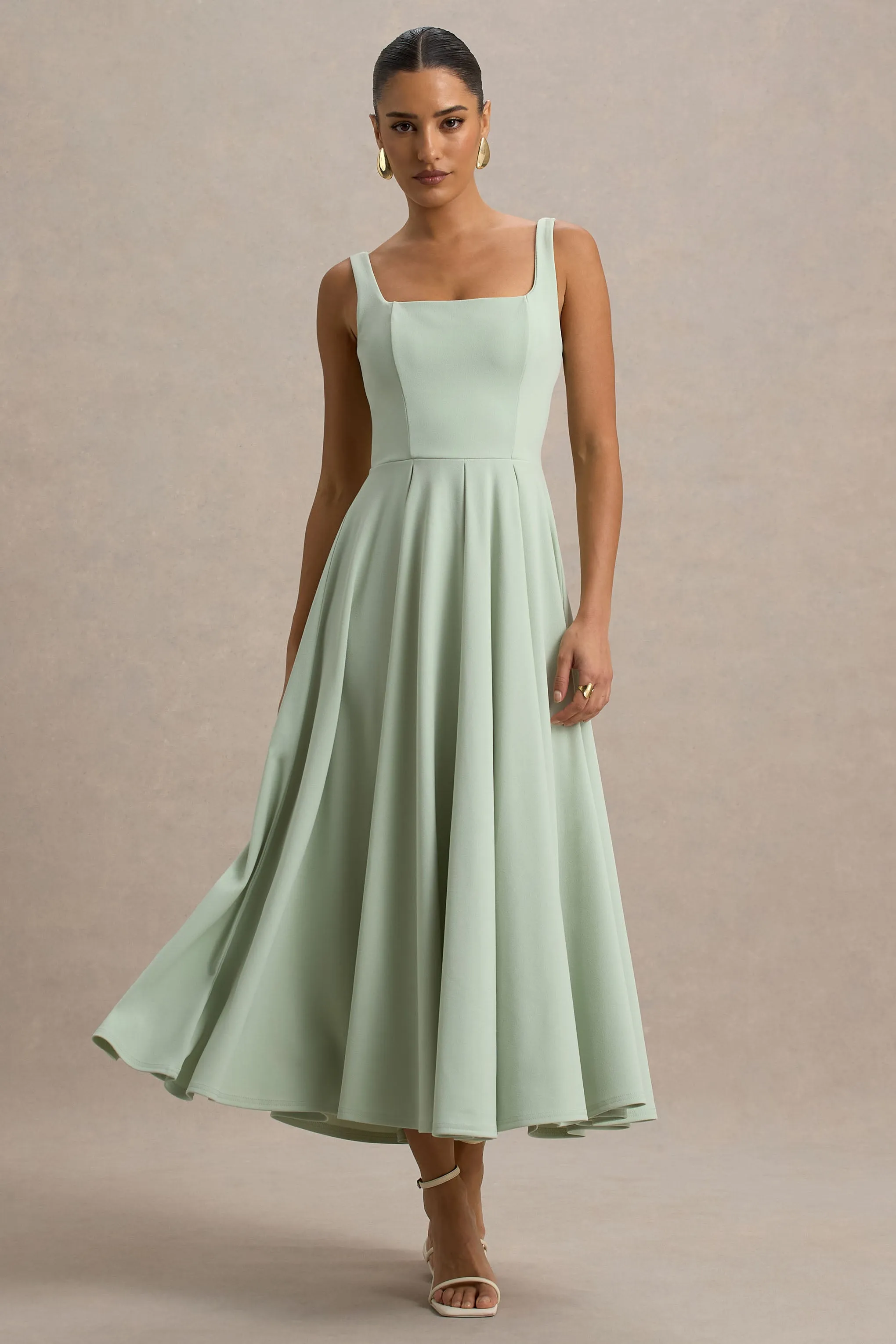 Parina | Light Green Strappy Volume-Hem Midi Dress sold by Club L London