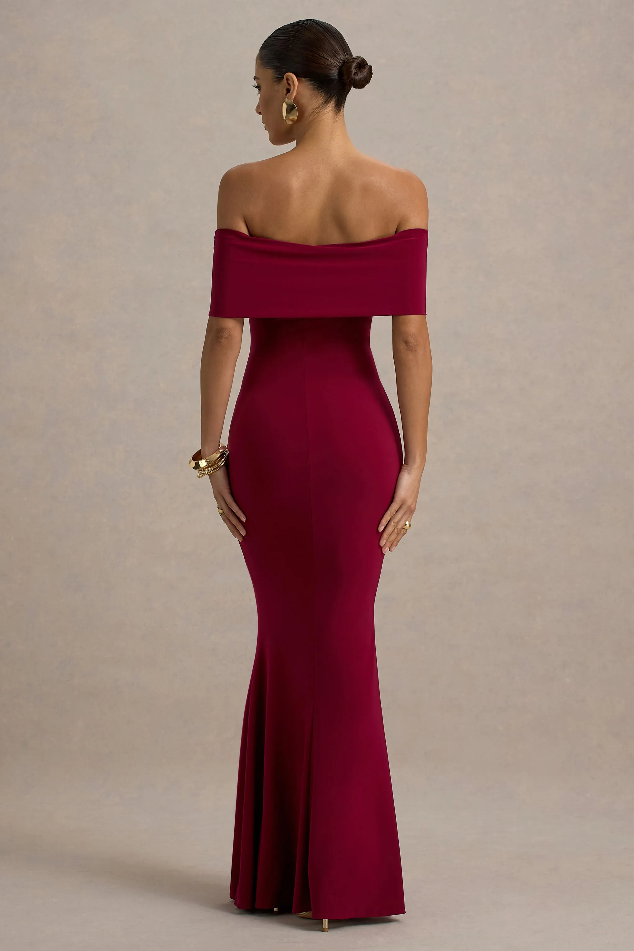 Delma | Burgundy Bardot Maxi Dress With Drape Detail sold by Club L London product image thumbnail 2