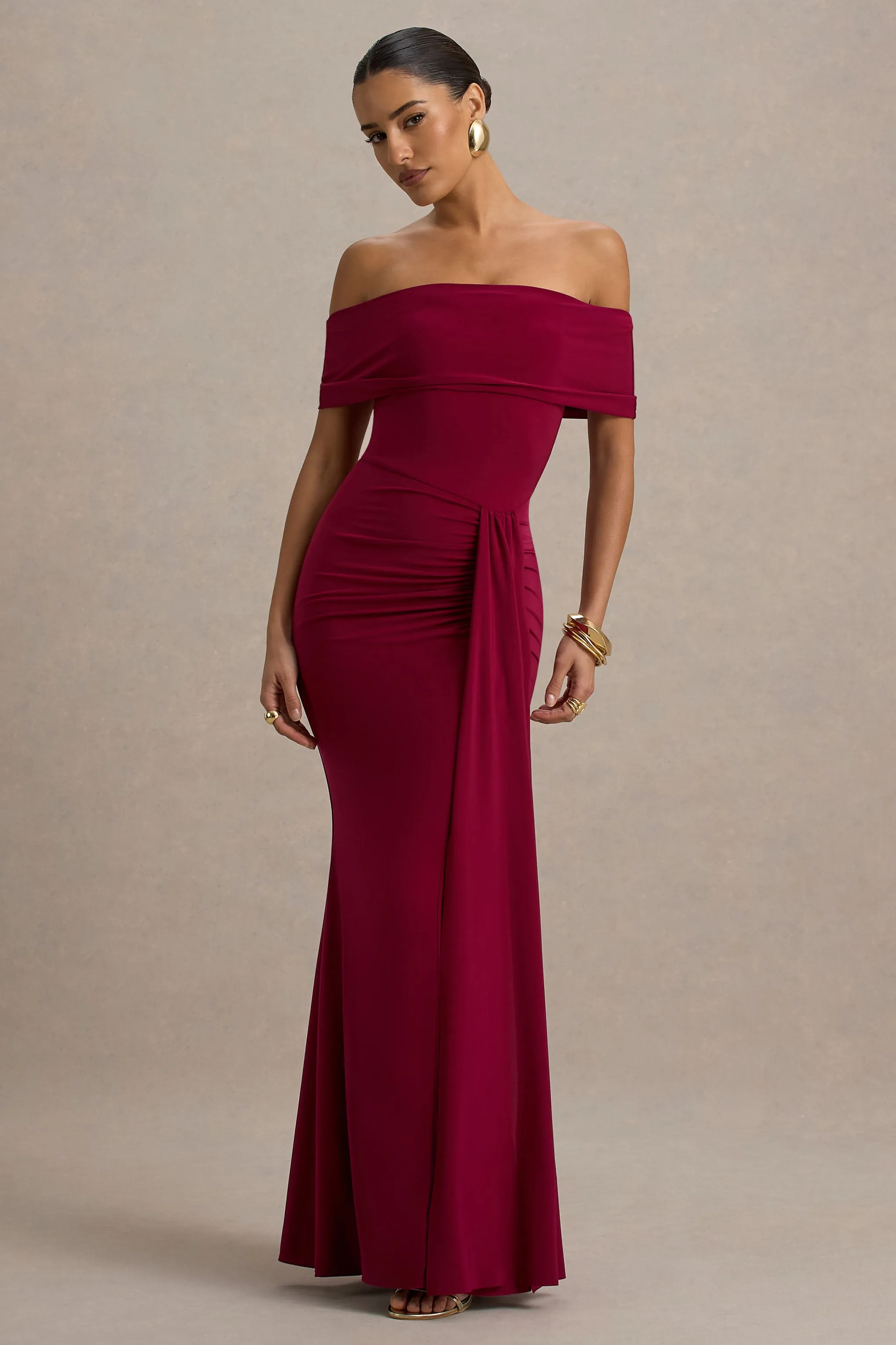 Delma | Burgundy Bardot Maxi Dress With Drape Detail sold by Club L London