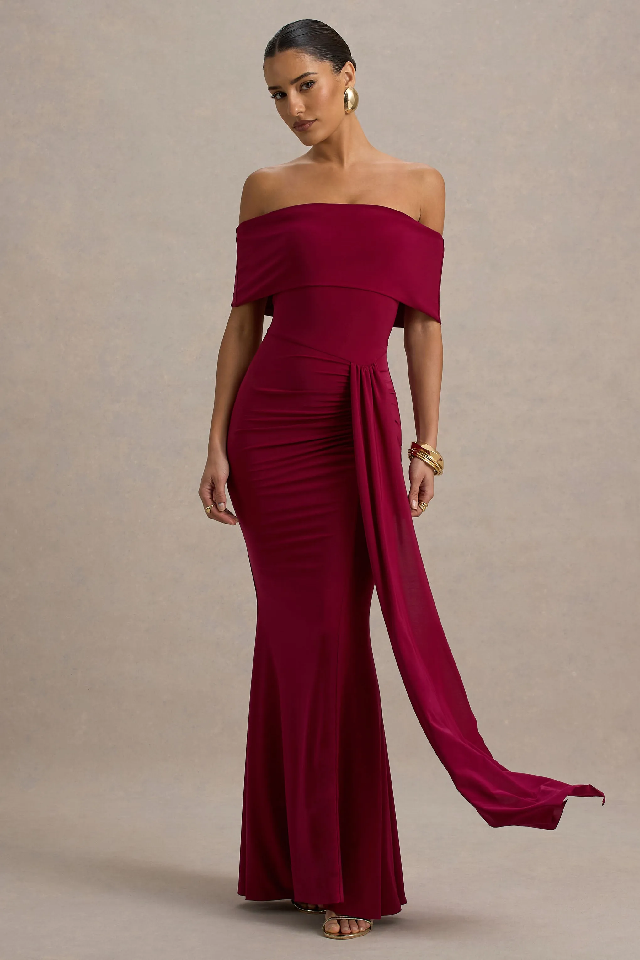 Delma | Burgundy Bardot Maxi Dress With Drape Detail sold by Club L London product image thumbnail 4