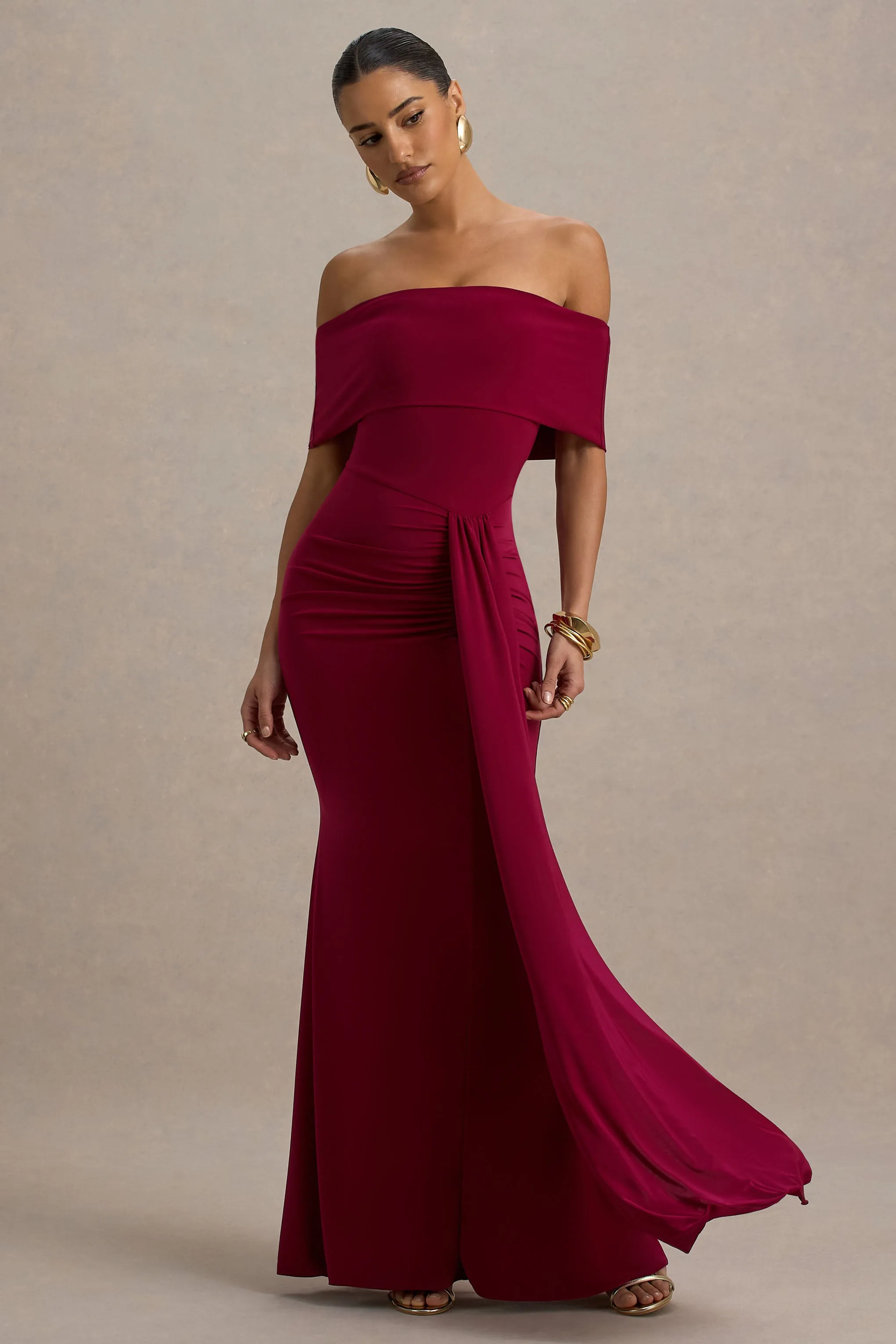 Delma | Burgundy Bardot Maxi Dress With Drape Detail sold by Club L London product image thumbnail 5
