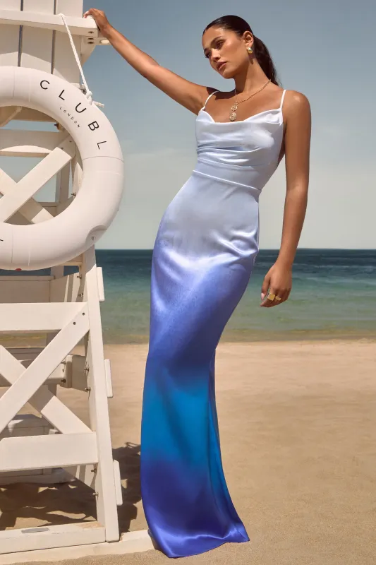 Fiji | Blue Ombre Satin Cowl-Neck Strappy Maxi Dress sold by Club L London
