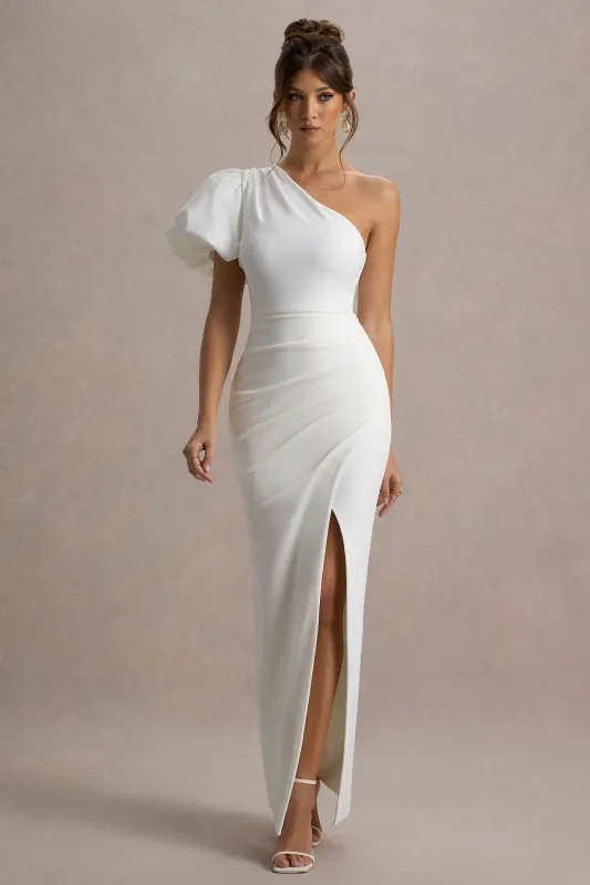 Vittoria | White Asymmetric Puff-Sleeve Split Maxi Dress sold by Club L London
