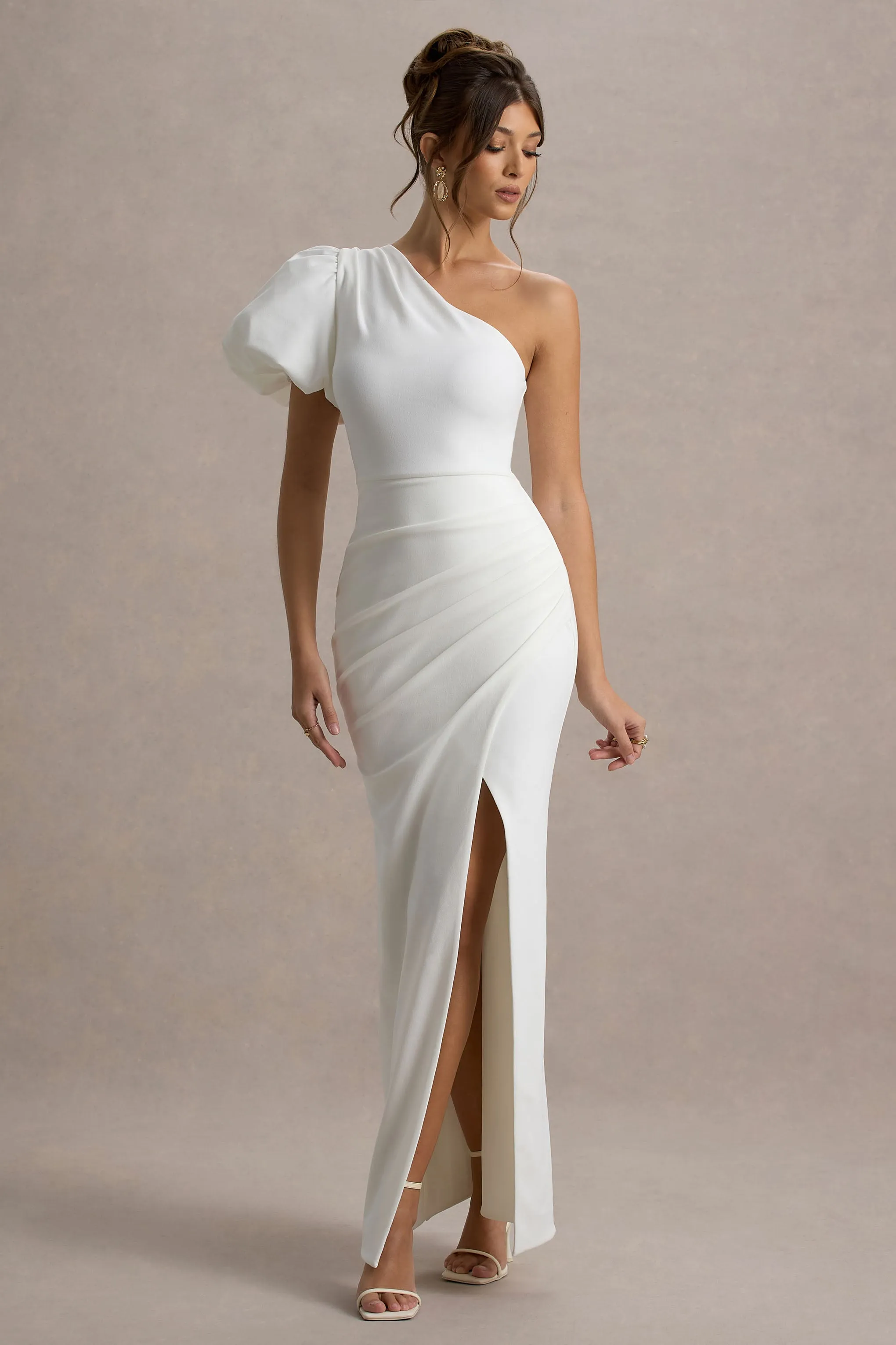 Vittoria | White Asymmetric Puff-Sleeve Split Maxi Dress sold by Club L London product image thumbnail 4