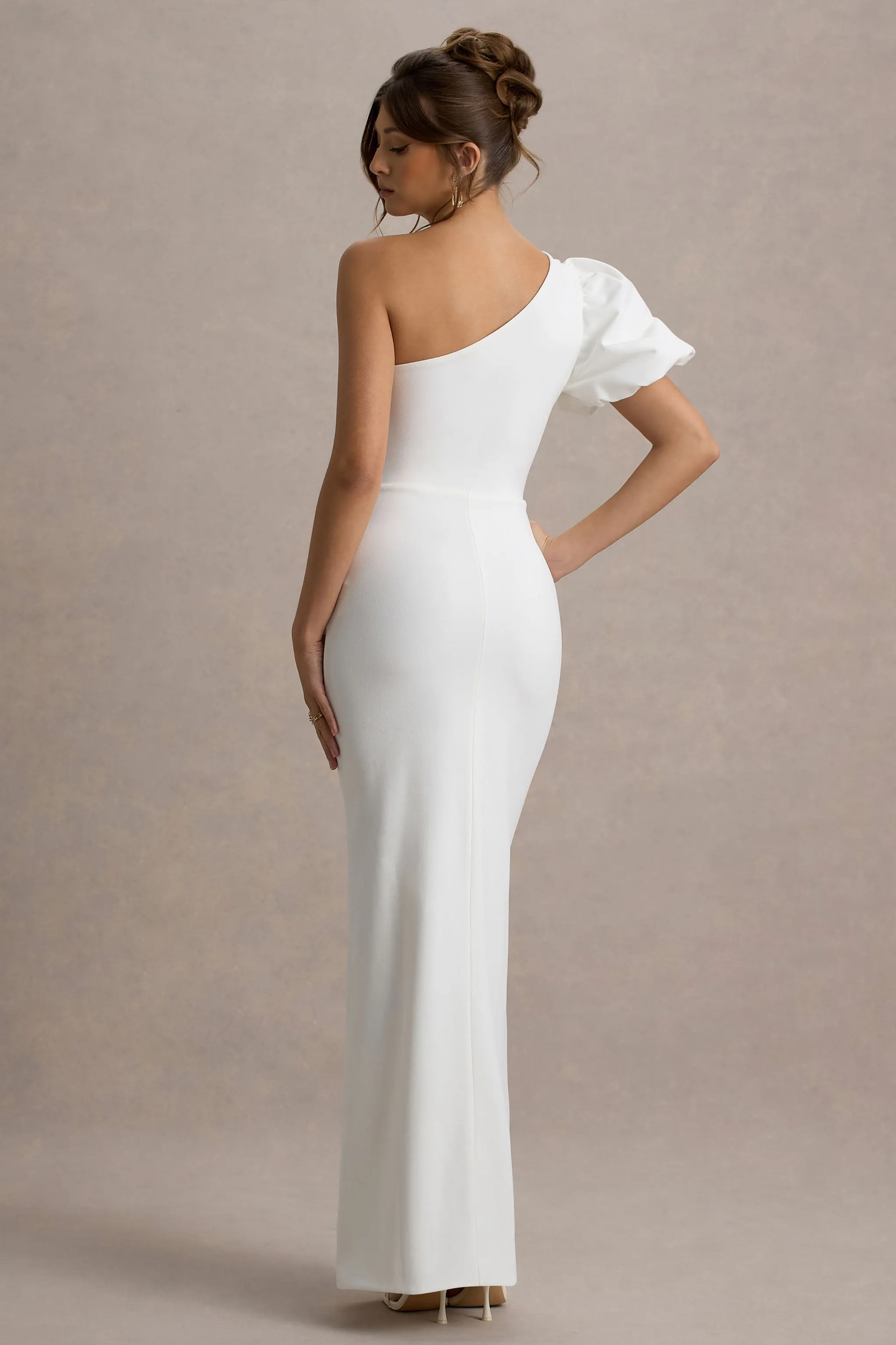 Vittoria | White Asymmetric Puff-Sleeve Split Maxi Dress sold by Club L London product image thumbnail 2