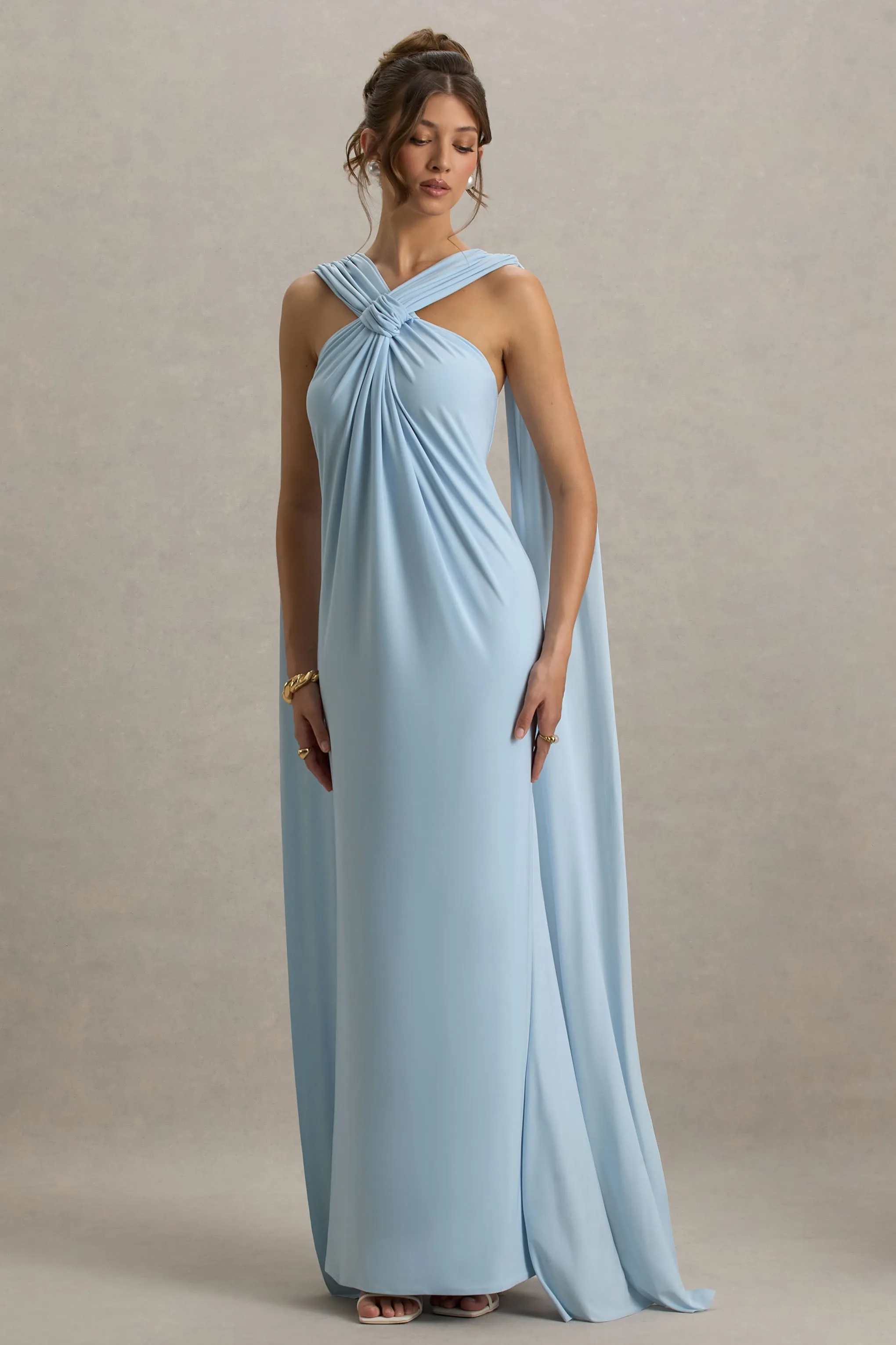 Ariana | Powder Blue Cross-Neck Maxi Dress With Cape sold by Club L London product image thumbnail 4