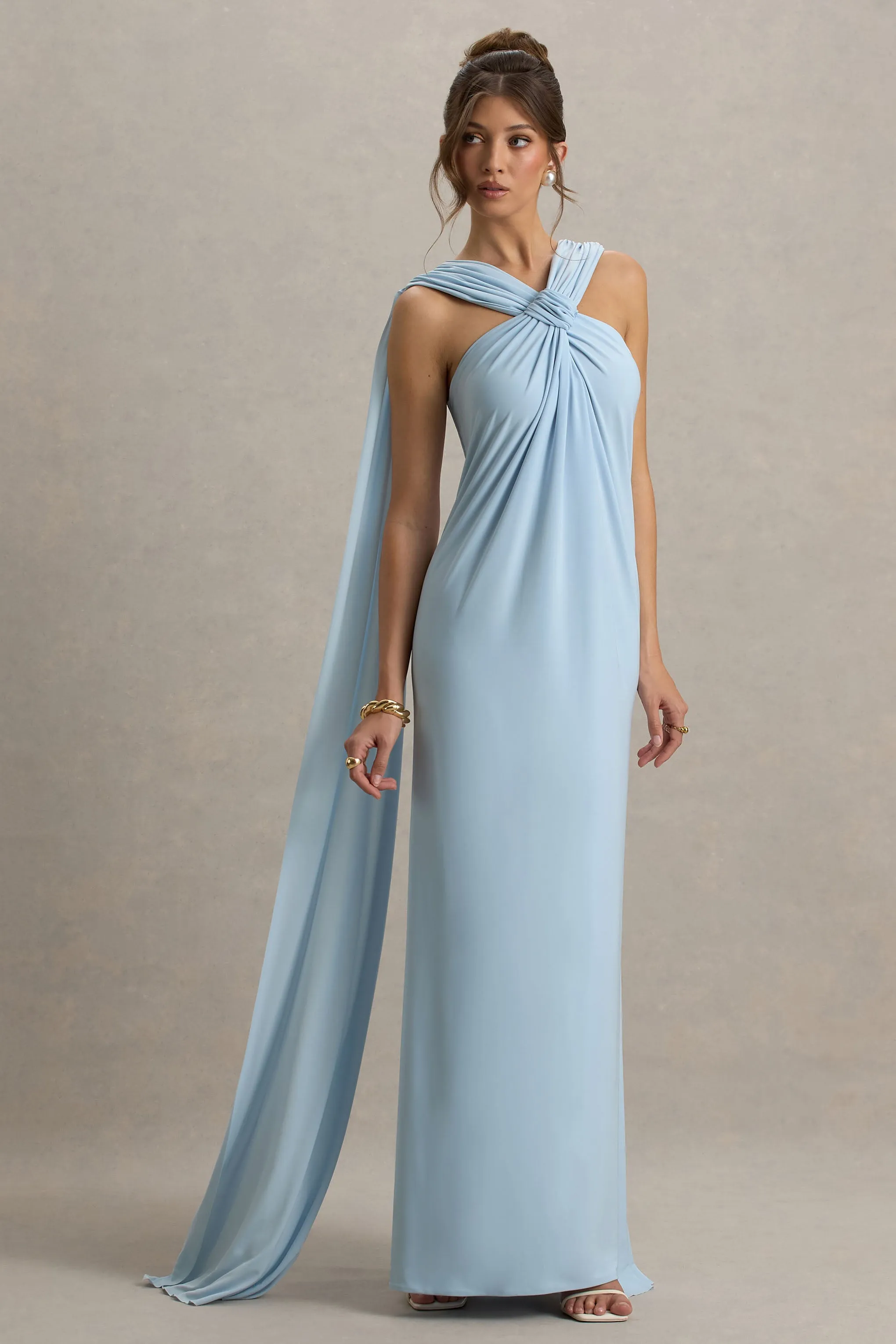 Ariana | Powder Blue Cross-Neck Maxi Dress With Cape sold by Club L London