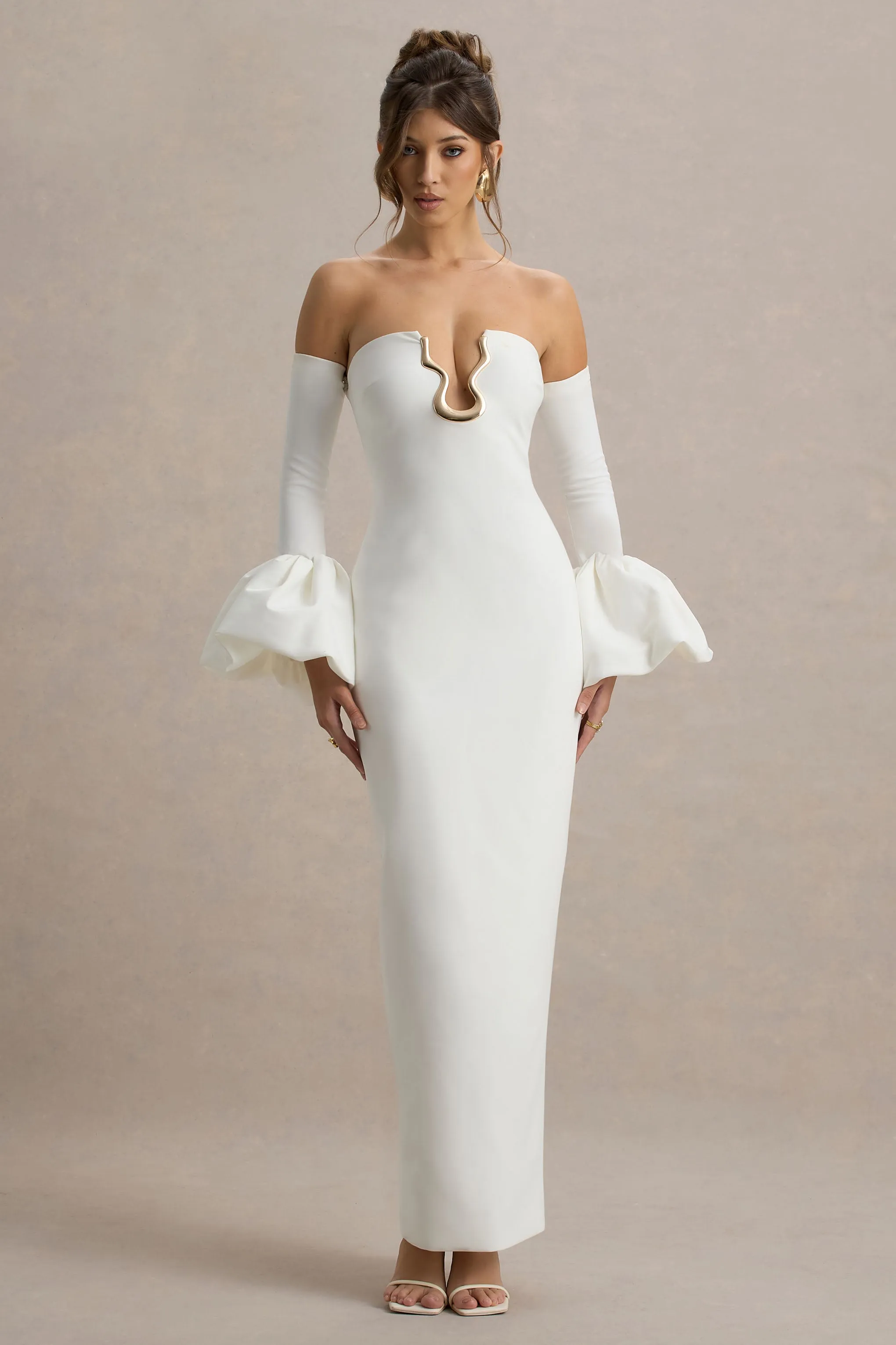 Annalisa | Cream Bandeau Maxi Dress With Satin Cuffs sold by Club L London