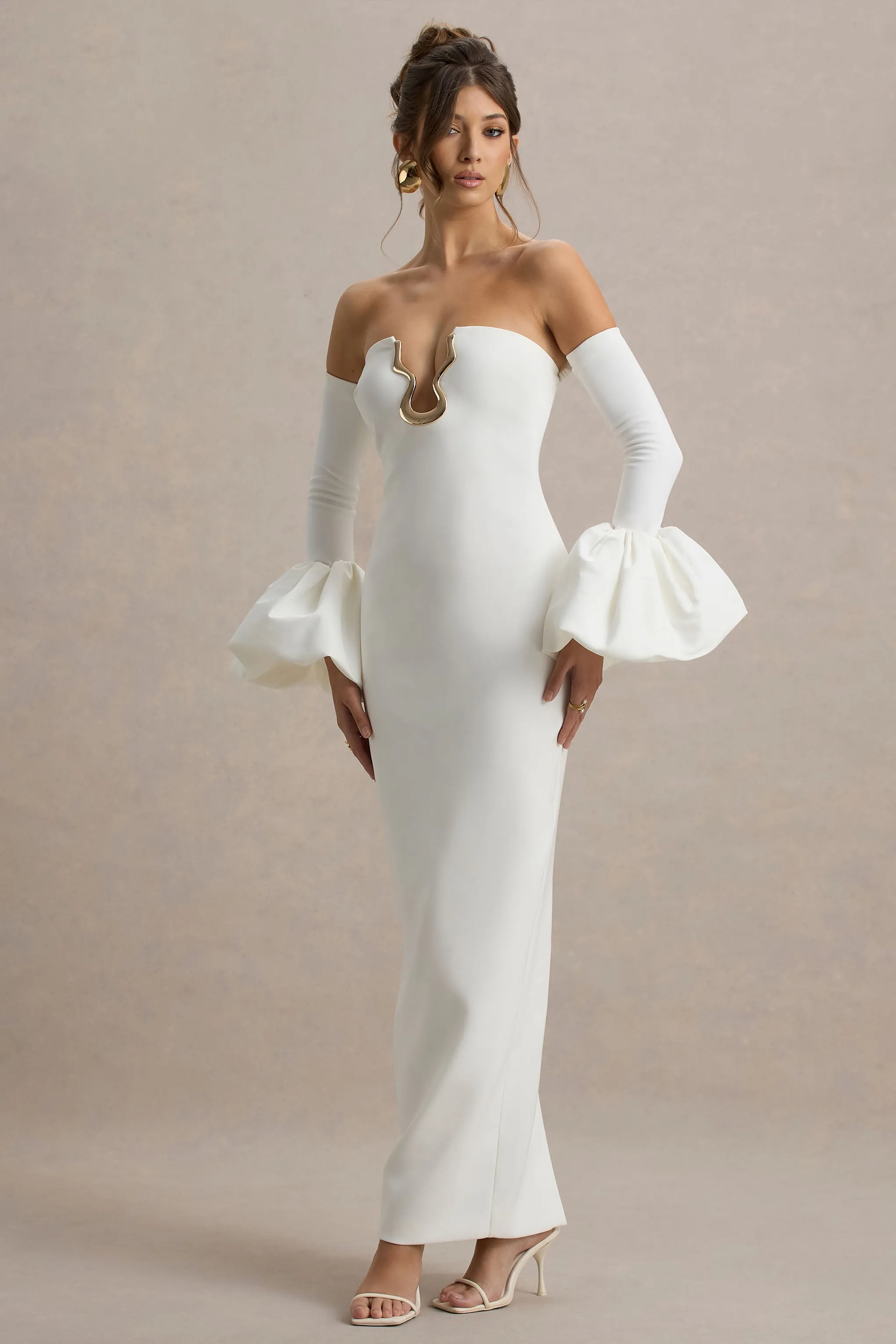 Annalisa | Cream Bandeau Maxi Dress With Satin Cuffs sold by Club L London product image thumbnail 5