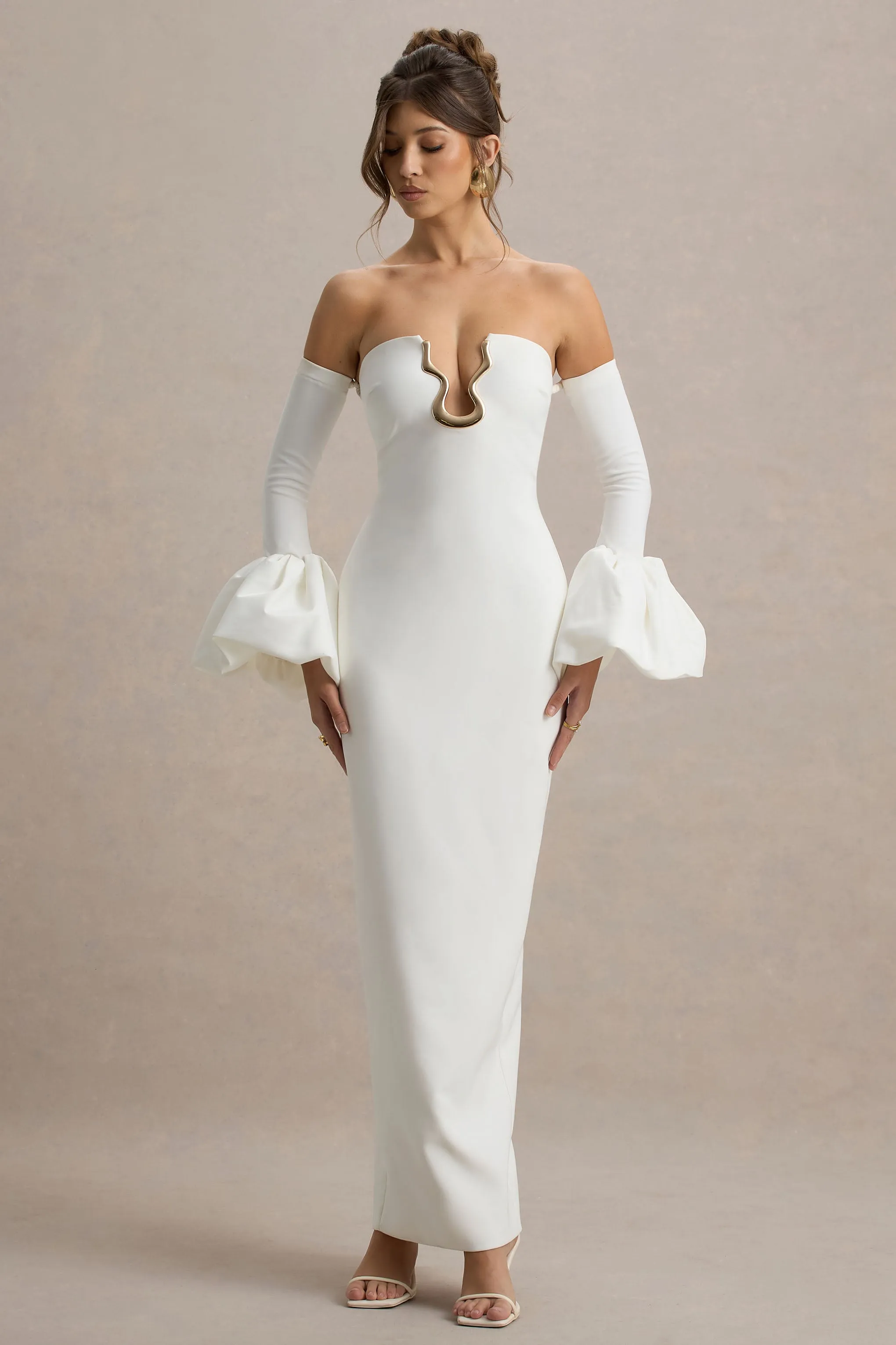Annalisa | Cream Bandeau Maxi Dress With Satin Cuffs sold by Club L London product image thumbnail 4