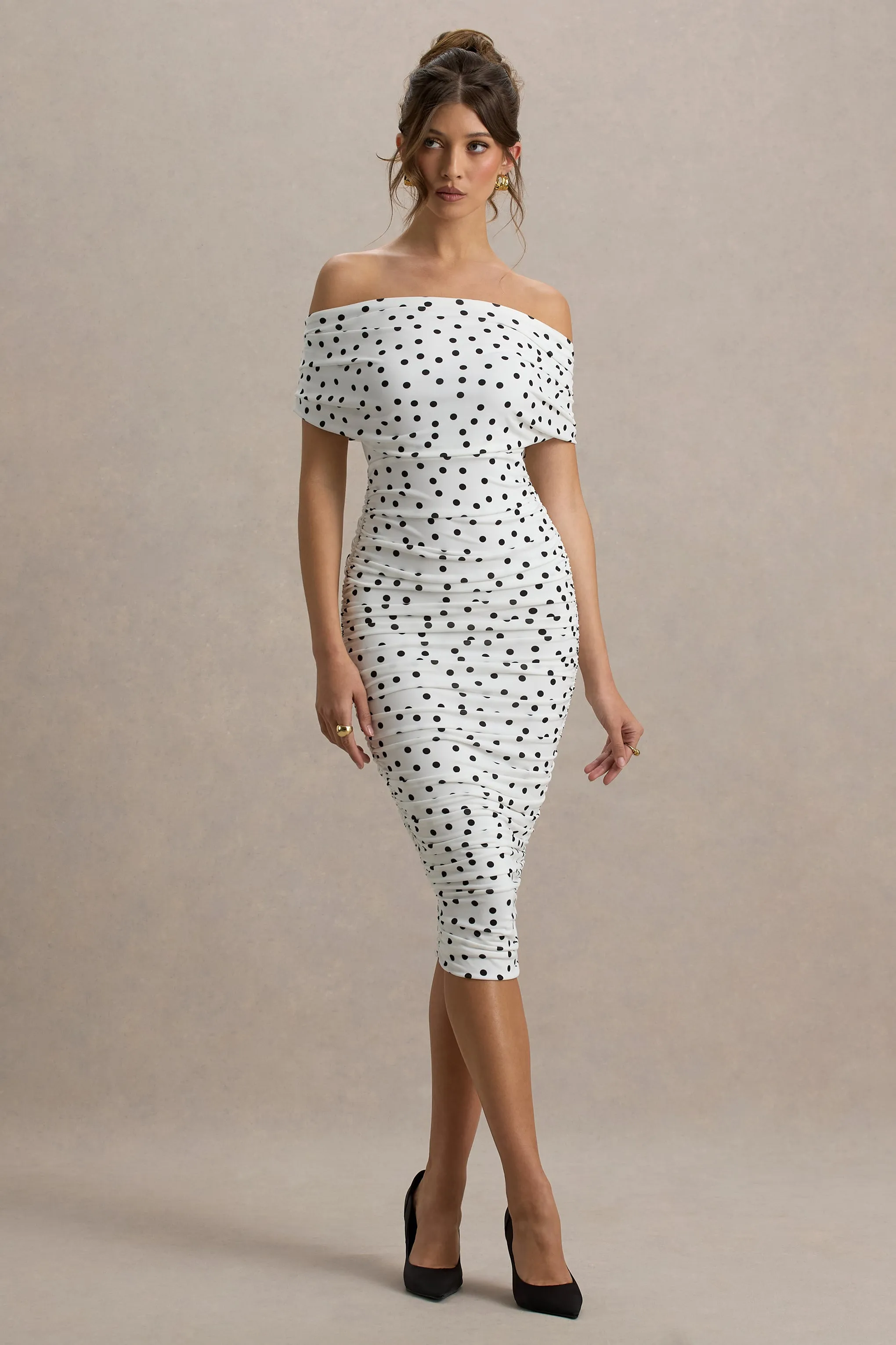 Rayleigh | Polka Dot Bardot Ruched Midi Dress sold by Club L London