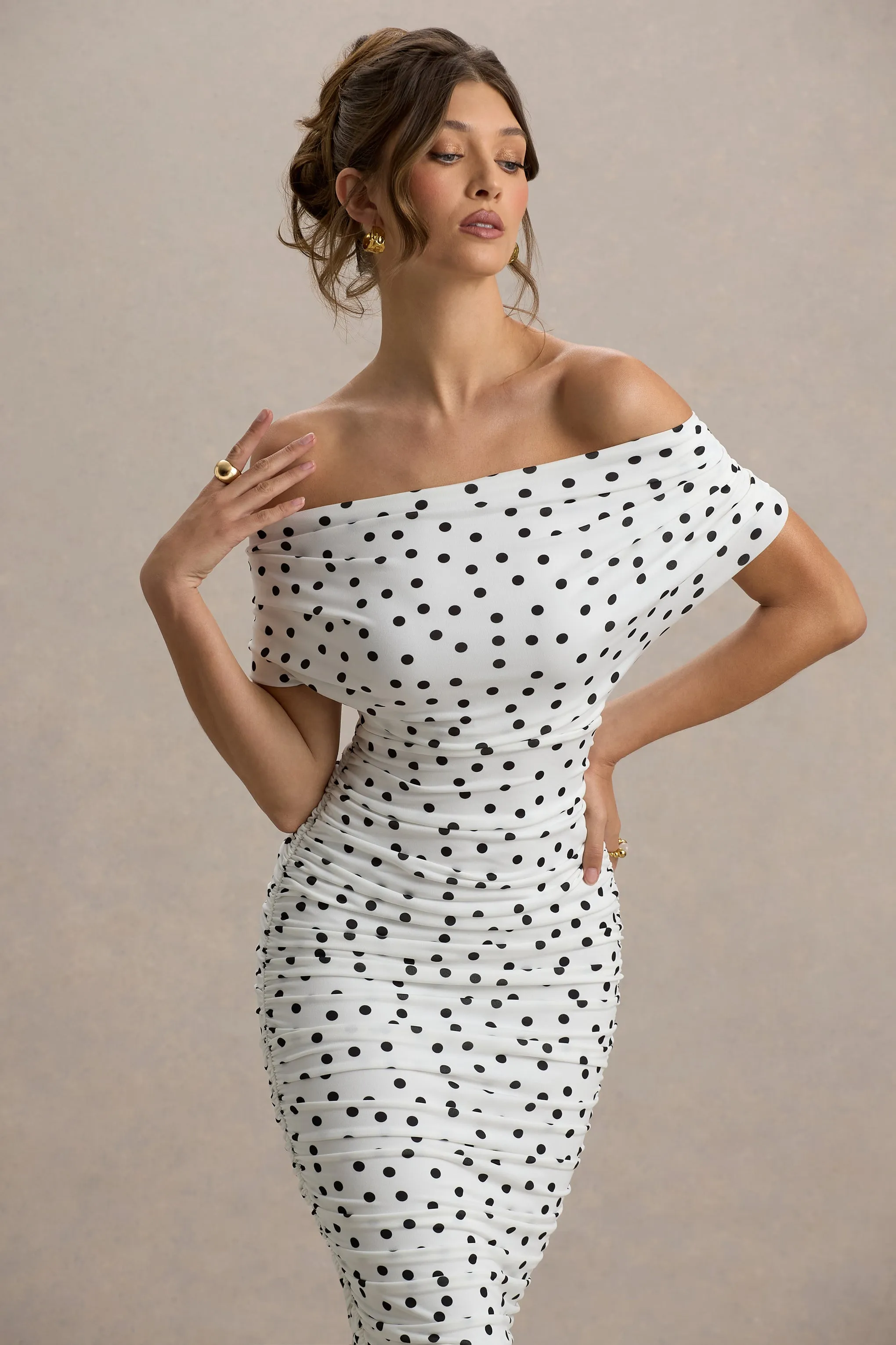 Rayleigh | Polka Dot Bardot Ruched Midi Dress sold by Club L London product image thumbnail 3