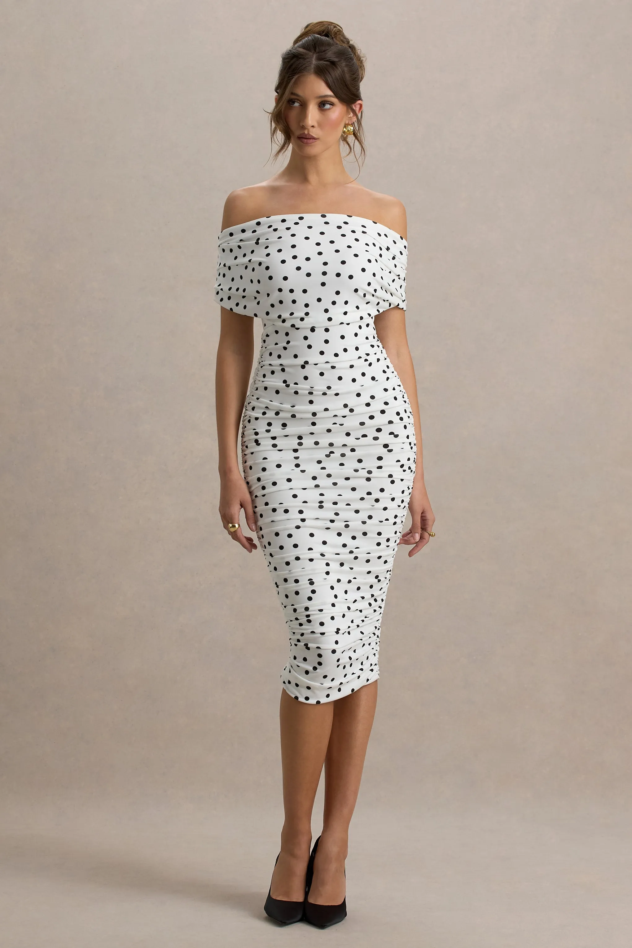 Rayleigh | Polka Dot Bardot Ruched Midi Dress sold by Club L London product image thumbnail 5
