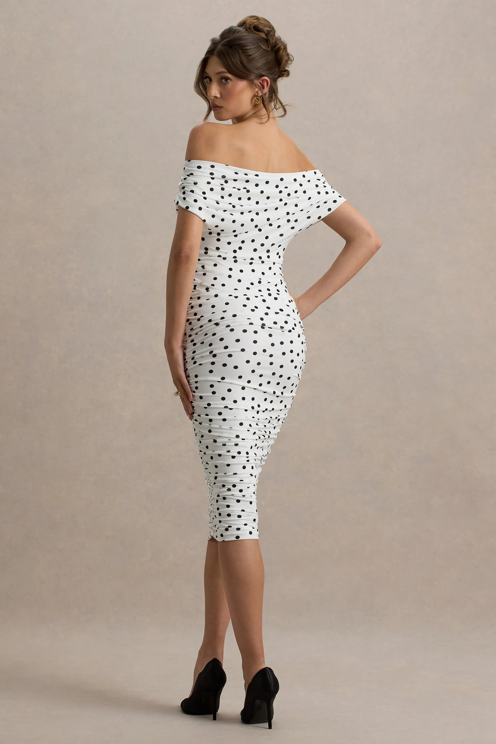 Rayleigh | Polka Dot Bardot Ruched Midi Dress sold by Club L London product image thumbnail 2
