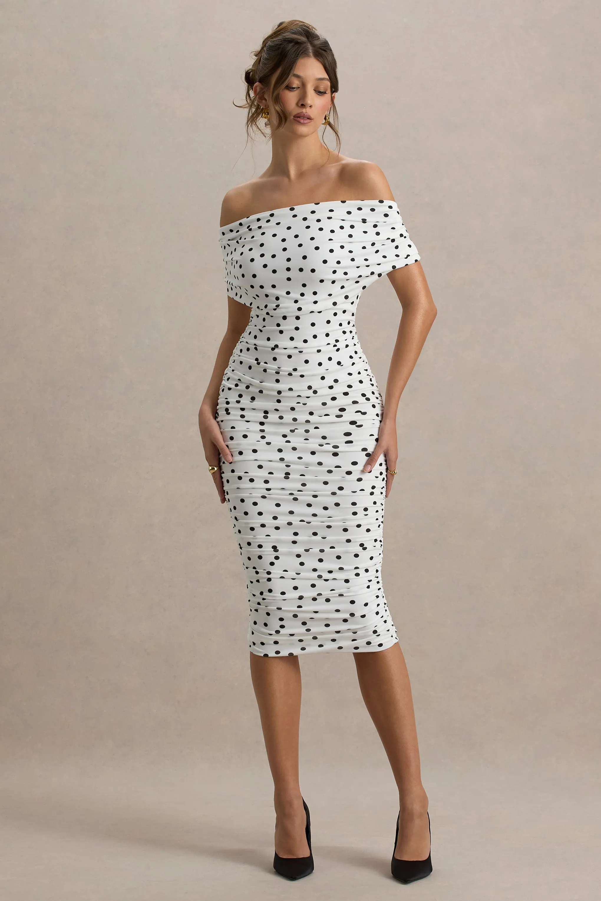 Rayleigh | Polka Dot Bardot Ruched Midi Dress sold by Club L London product image thumbnail 4