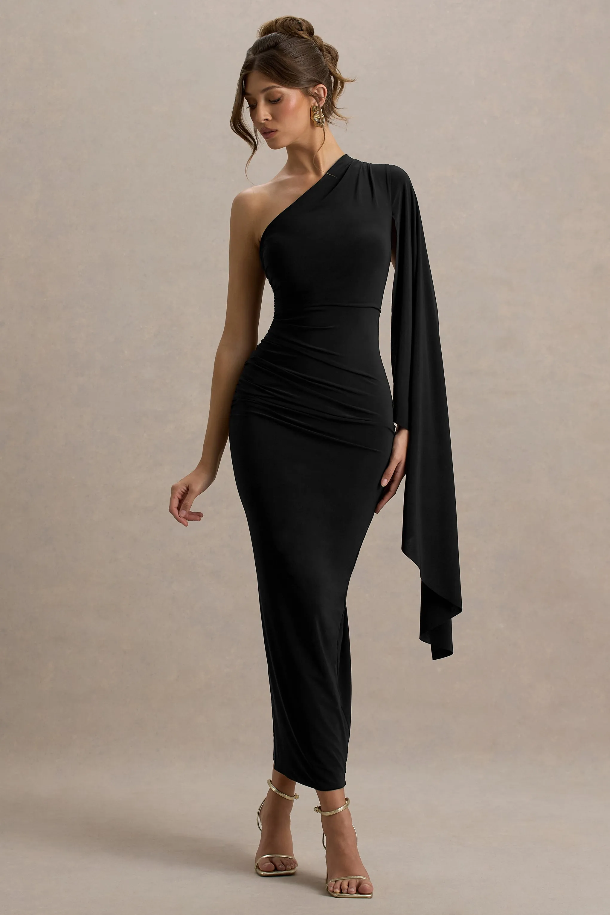 Clementina | Black Asymmetric Cape Sleeve Maxi Dress sold by Club L London product image thumbnail 4