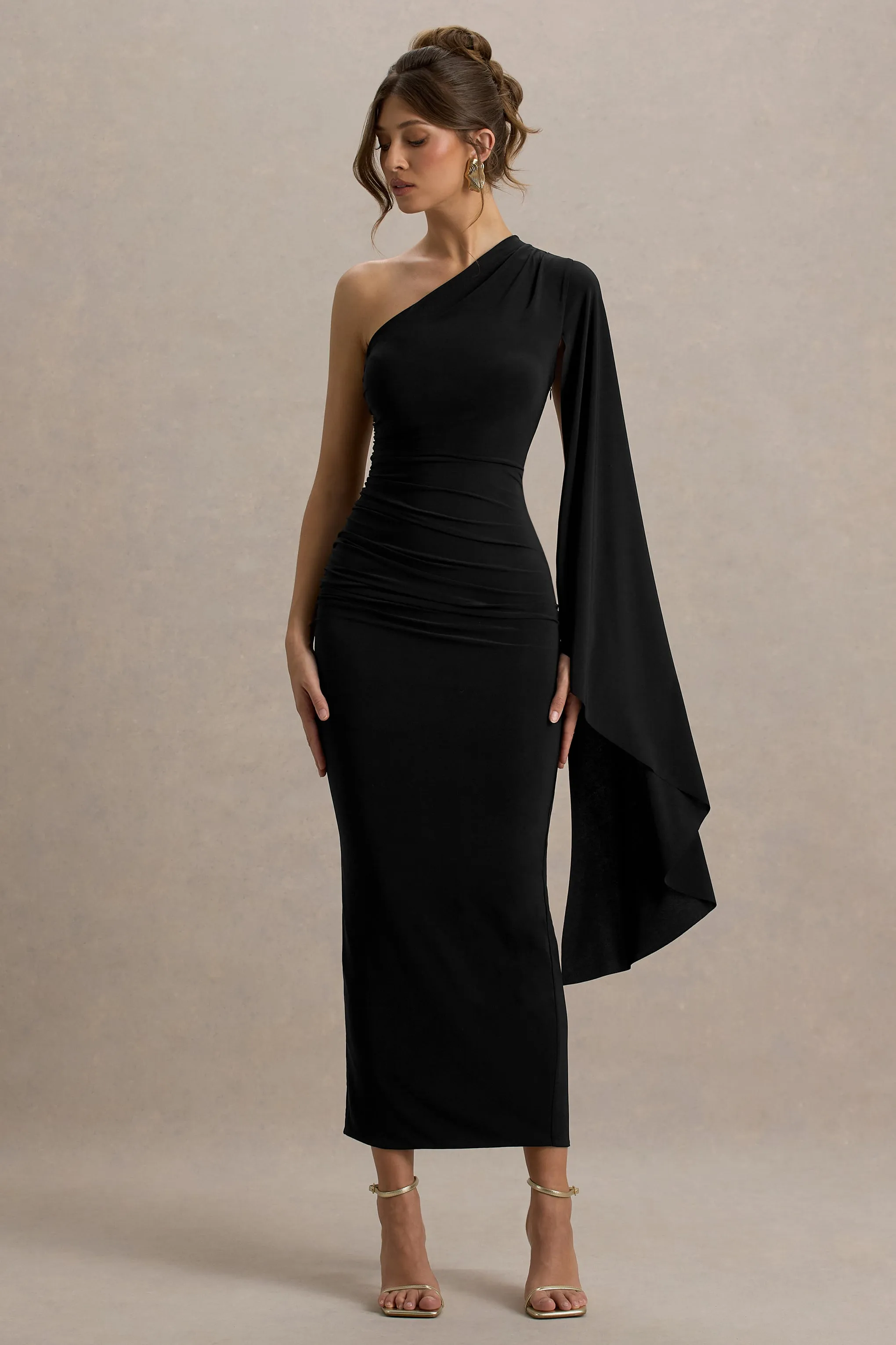 Clementina | Black Asymmetric Cape Sleeve Maxi Dress sold by Club L London