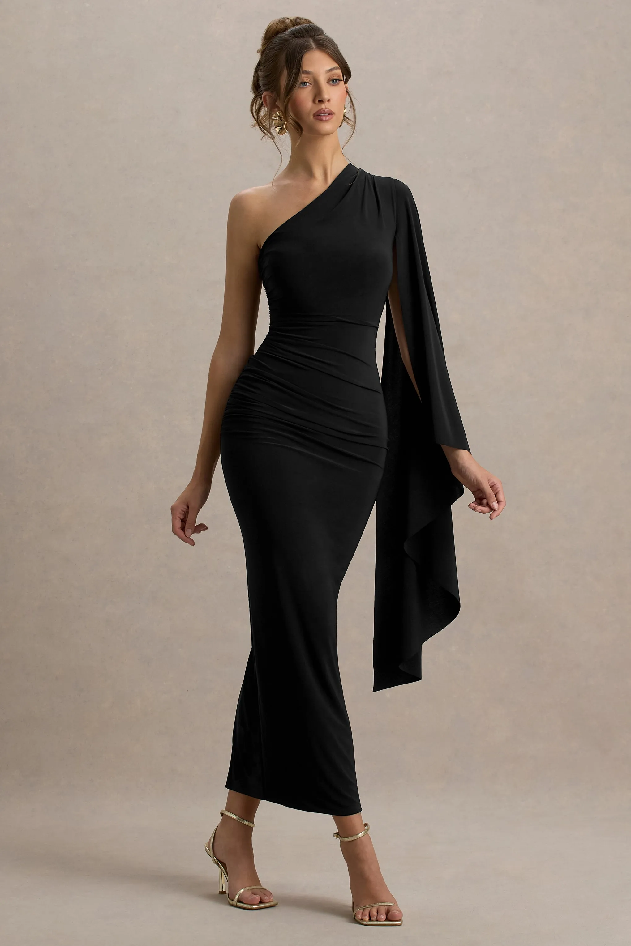 Clementina | Black Asymmetric Cape Sleeve Maxi Dress sold by Club L London product image thumbnail 5