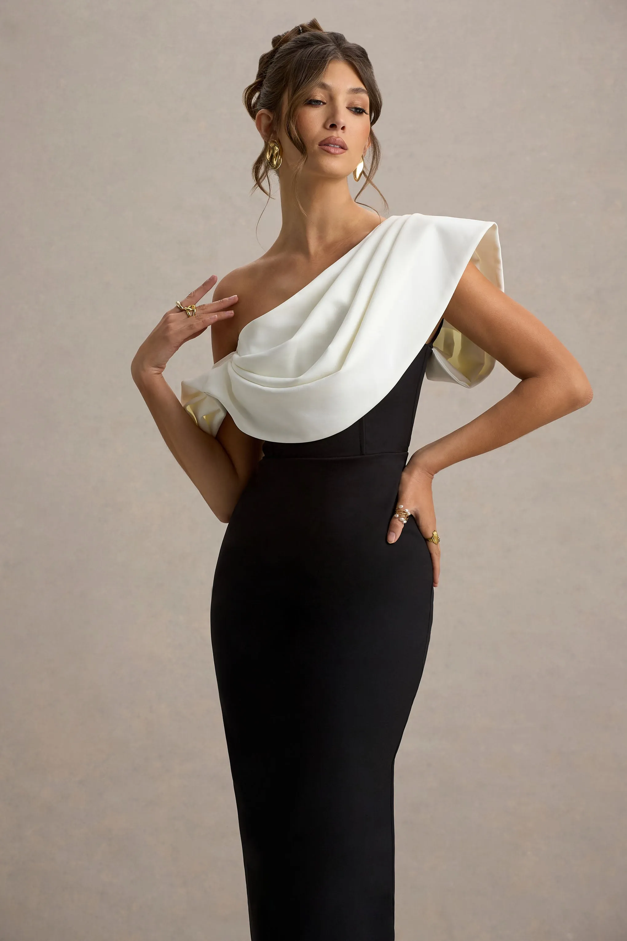 Angelina | Black & White Draped Shoulder Maxi Dress sold by Club L London product image thumbnail 3