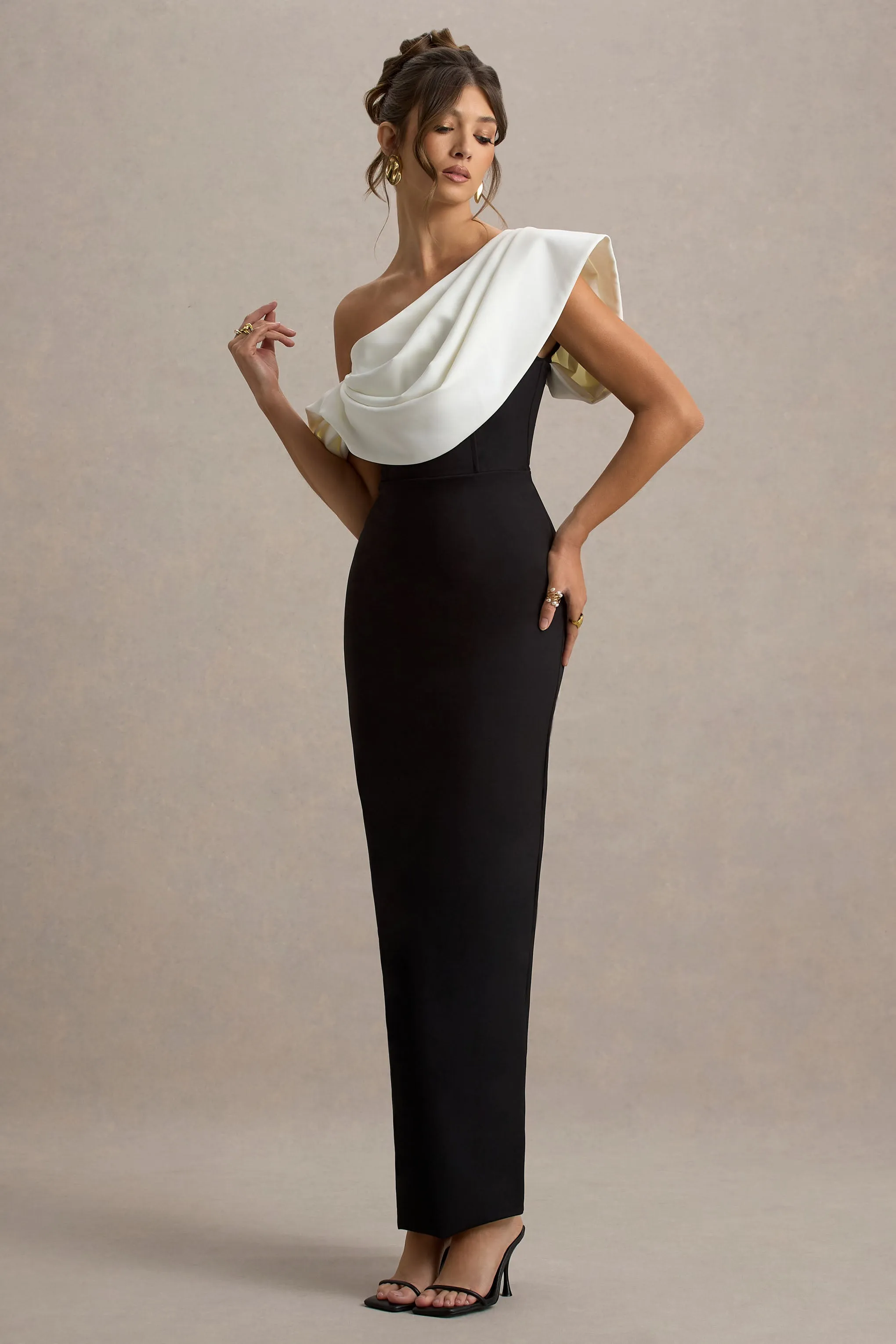 Angelina | Black & White Draped Shoulder Maxi Dress sold by Club L London product image thumbnail 5