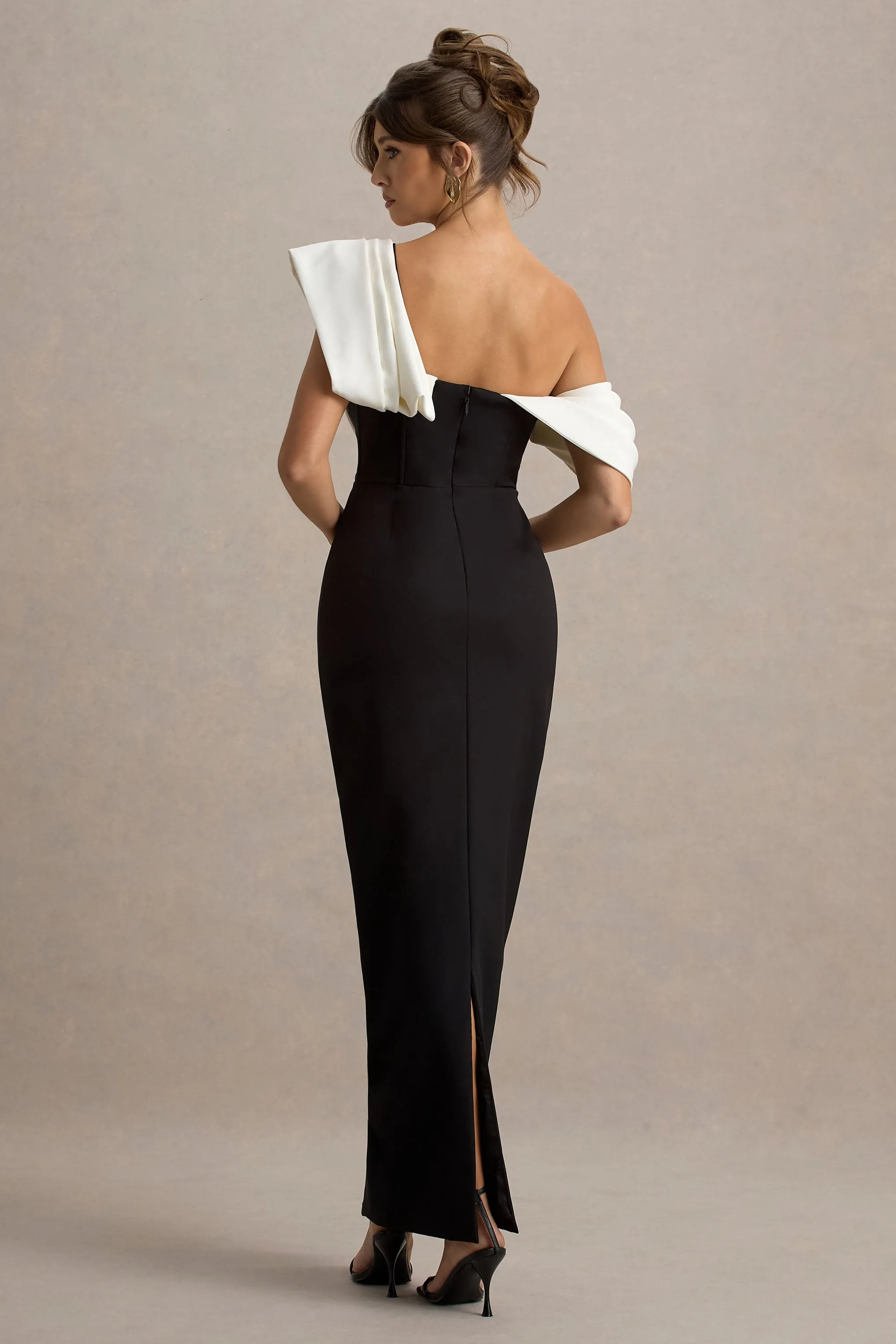 Angelina | Black & White Draped Shoulder Maxi Dress sold by Club L London product image thumbnail 2