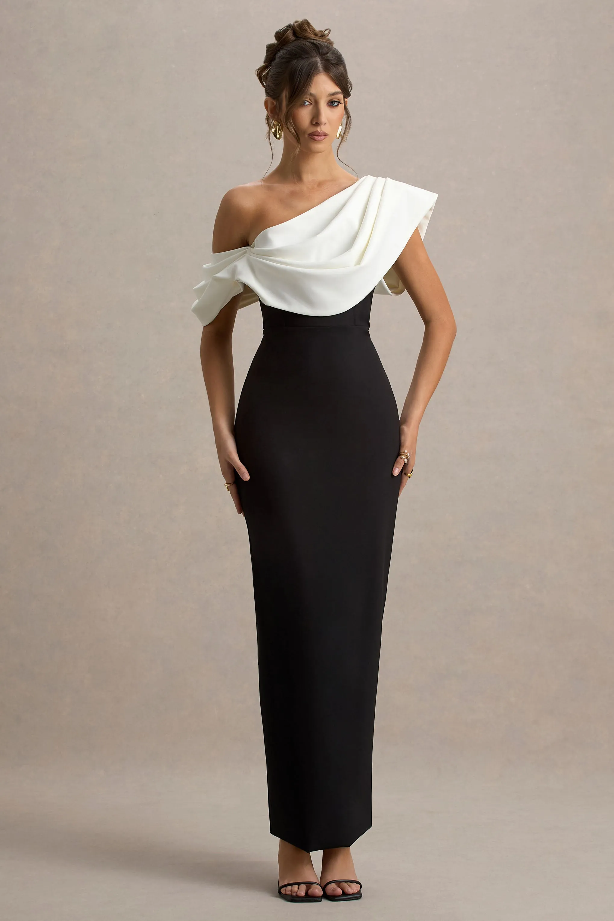 Angelina | Black & White Draped Shoulder Maxi Dress sold by Club L London product image thumbnail 4