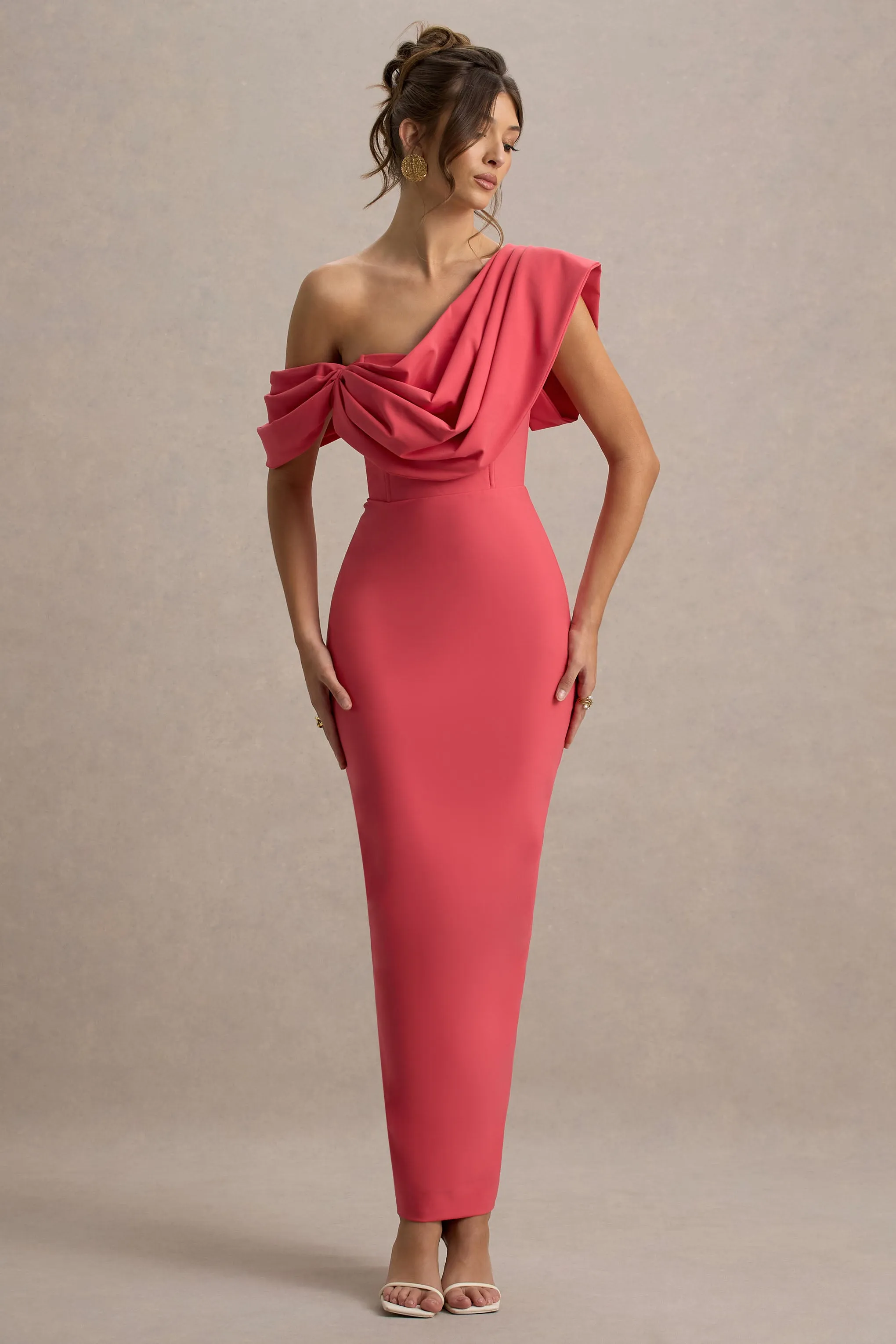 Angelina | Pink Draped Shoulder Maxi Dress sold by Club L London