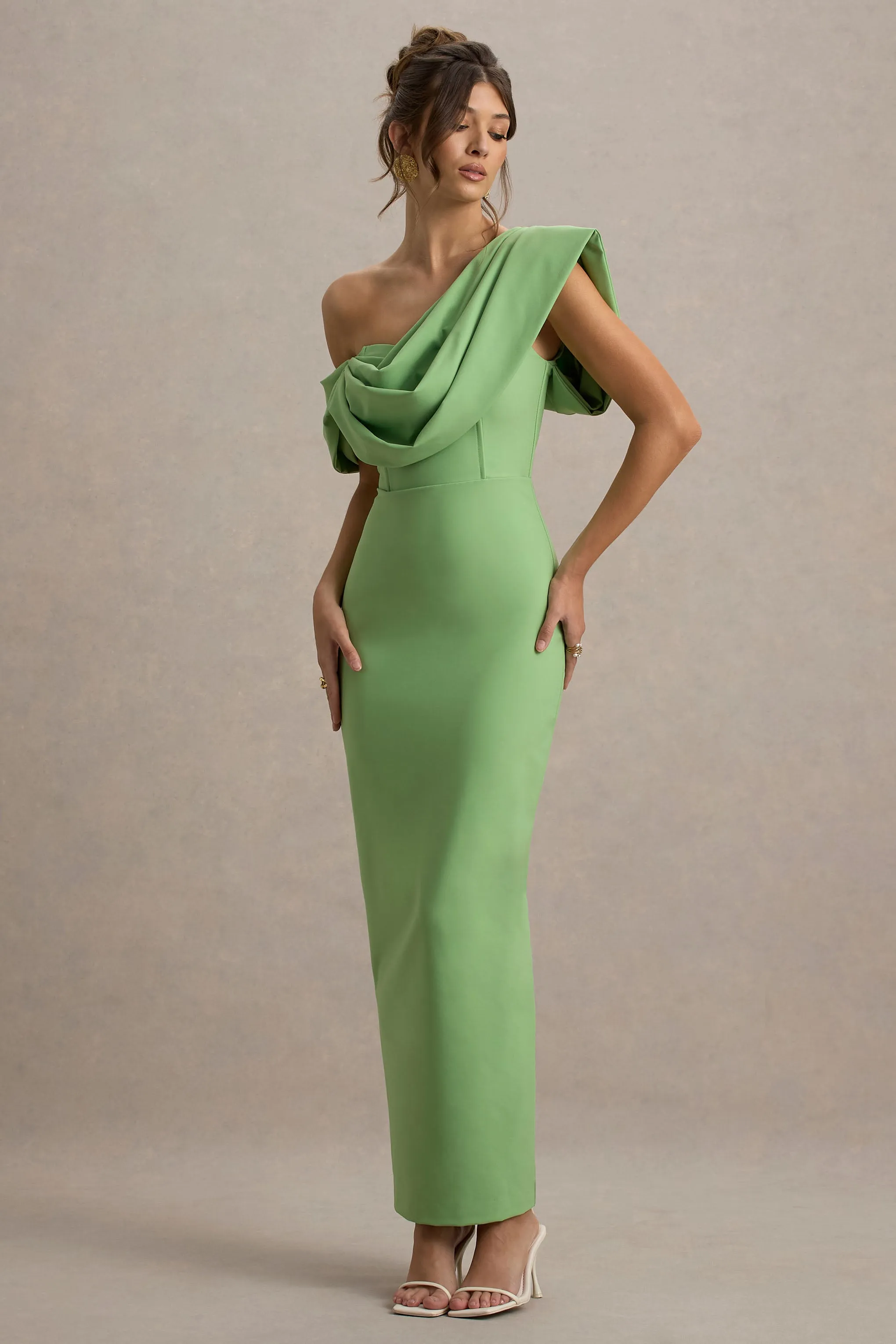 Angelina | Green Draped Shoulder Maxi Dress sold by Club L London product image thumbnail 5