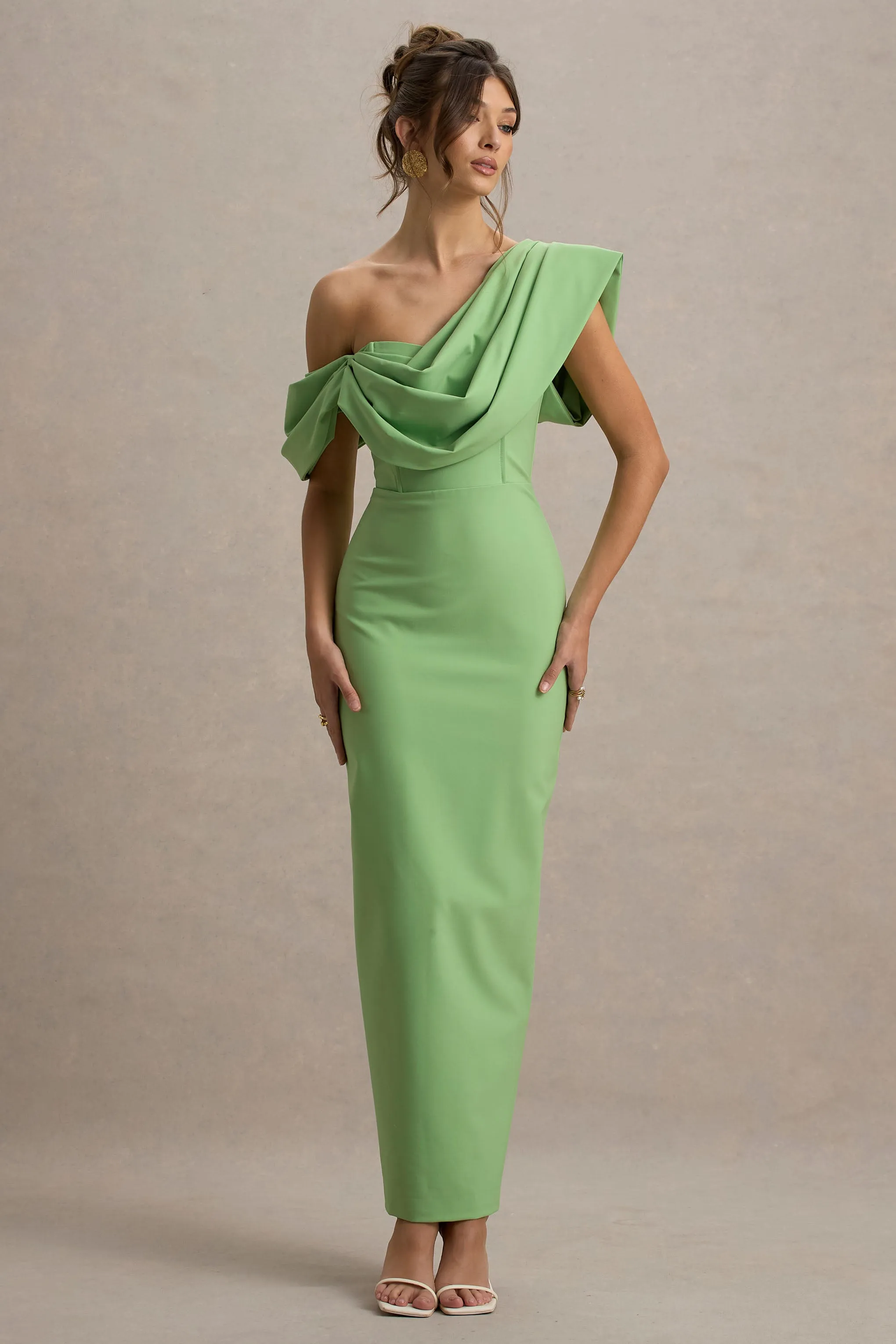 Angelina | Green Draped Shoulder Maxi Dress sold by Club L London