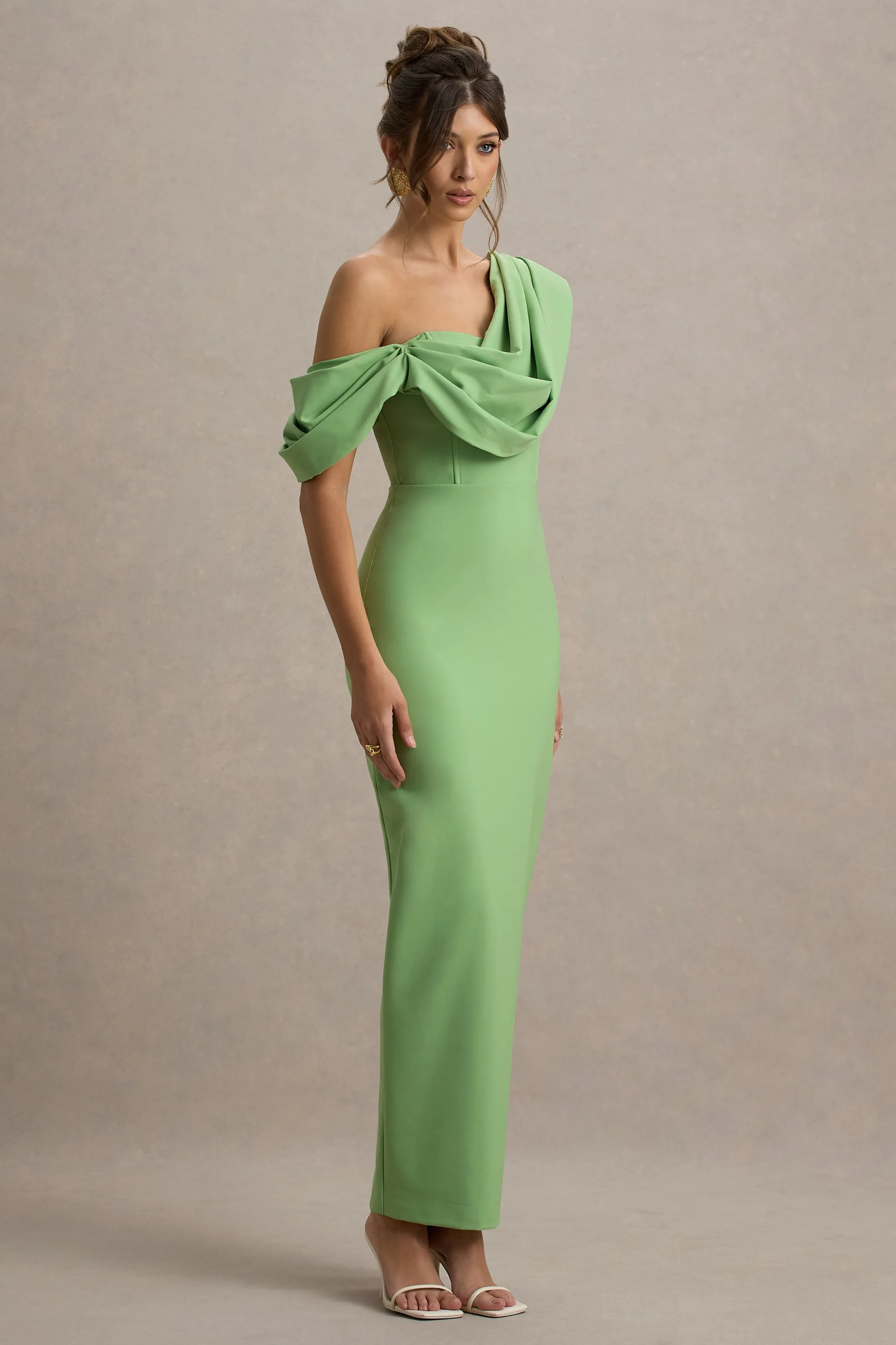 Angelina | Green Draped Shoulder Maxi Dress sold by Club L London product image thumbnail 4