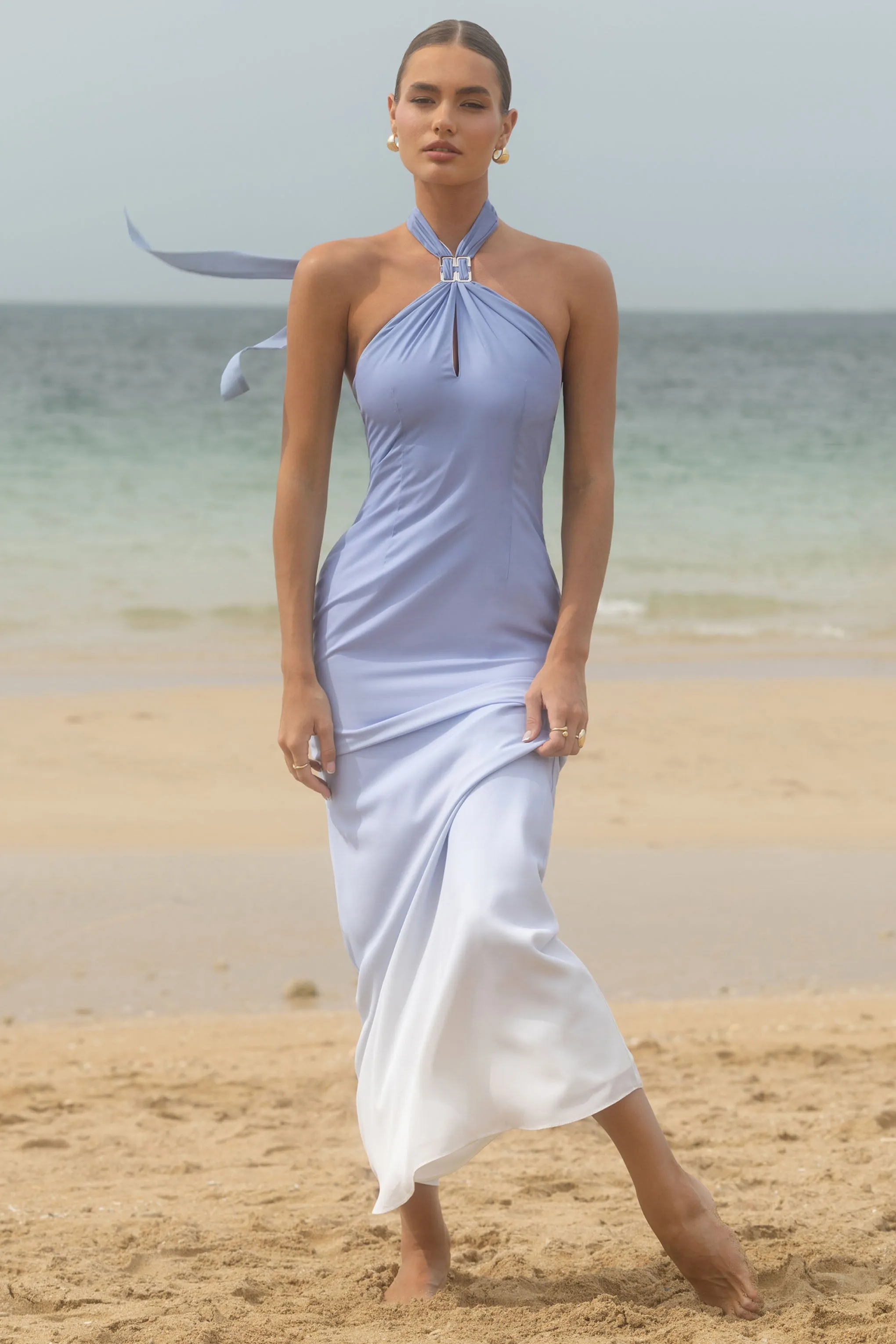 Sharni | Blue Ombre Chiffon Halter-Neck Maxi Dress sold by Club L London