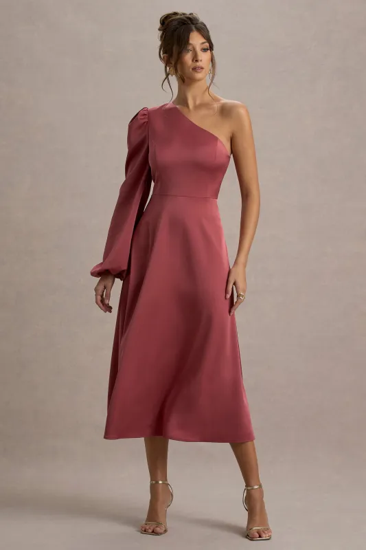 Haila | Rose Pink Satin One-Shoulder Midi Dress sold by Club L London