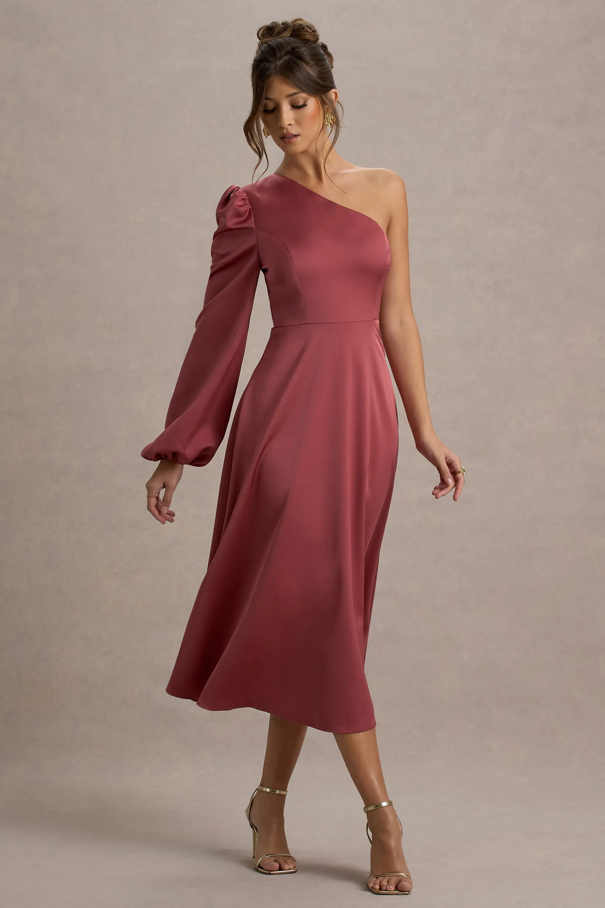 Haila | Rose Pink Satin One-Shoulder Midi Dress sold by Club L London product image thumbnail 4