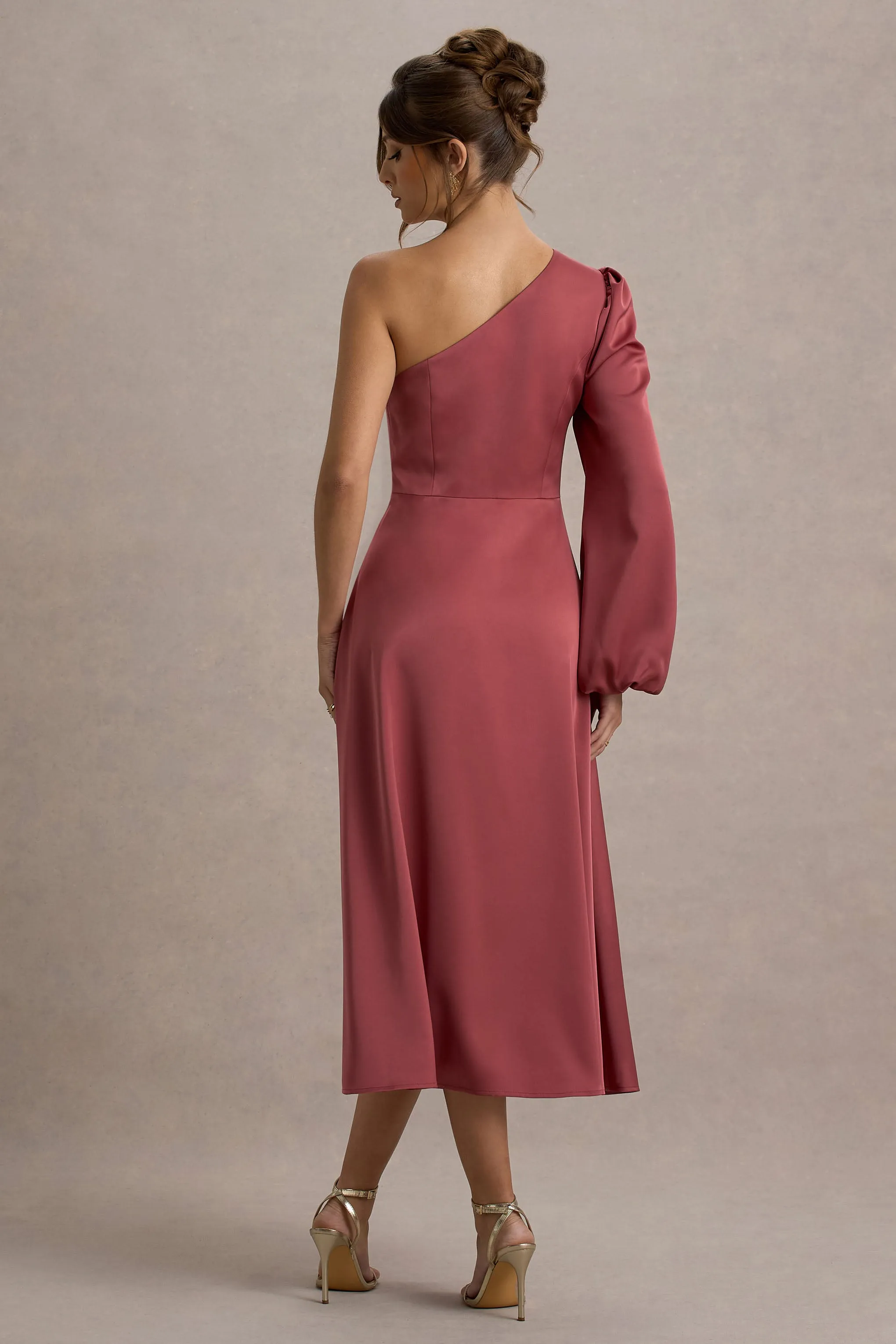 Haila | Rose Pink Satin One-Shoulder Midi Dress sold by Club L London product image thumbnail 2