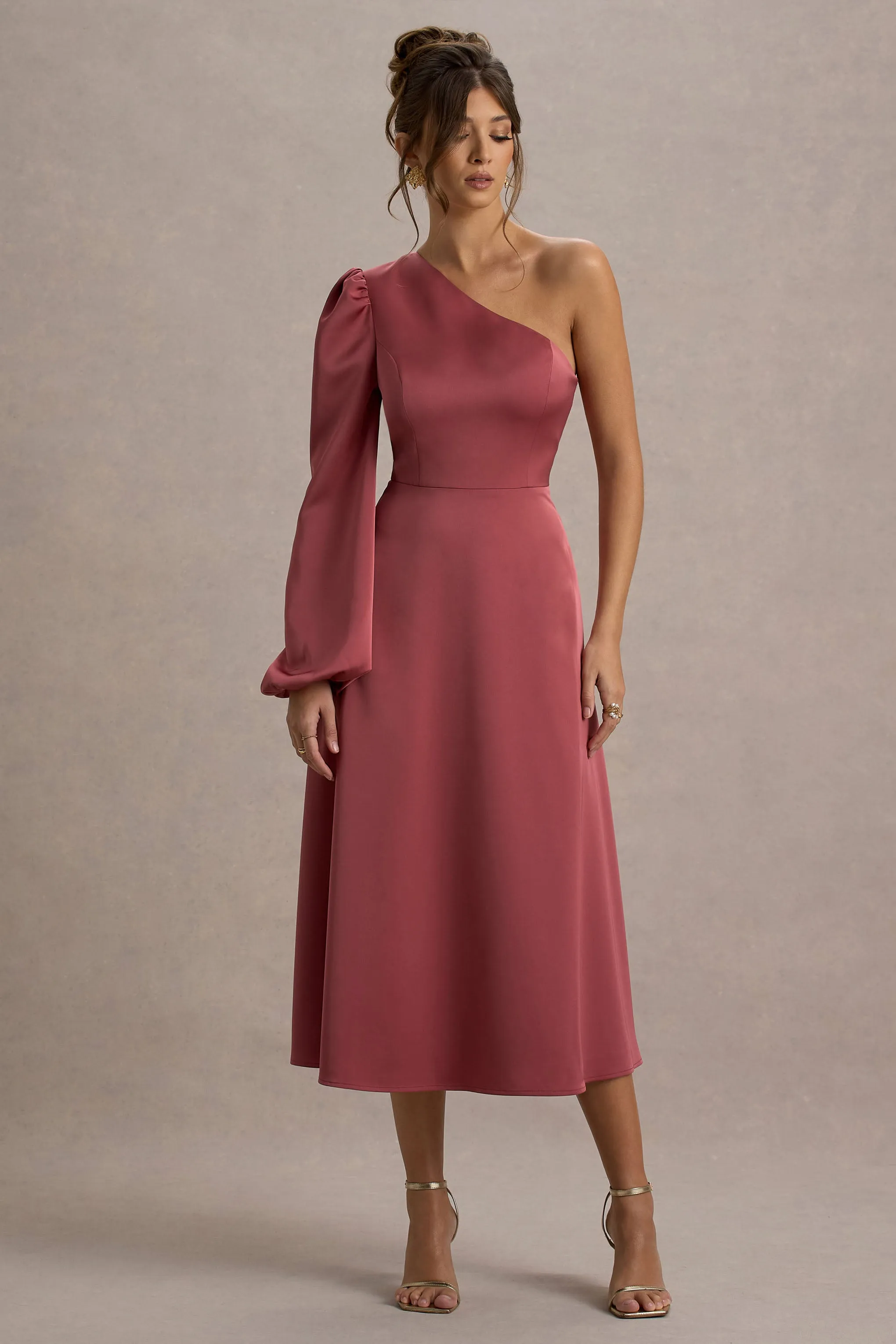Haila | Rose Pink Satin One-Shoulder Midi Dress sold by Club L London product image thumbnail 5